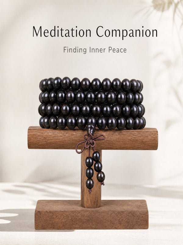 108 Ebony Wood Mala Beads Bracelet: Dark Luxe Meditation & Protection, Awaken Deep Calming Energy