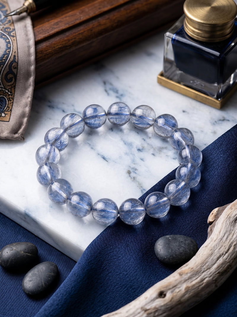 Natural Blue Amphibole Quartz Bracelet: The Trigonal Silk-Fiber Matrix and High-Frequency Emotional Decoupling Filter for Deep Sedimentation Periods