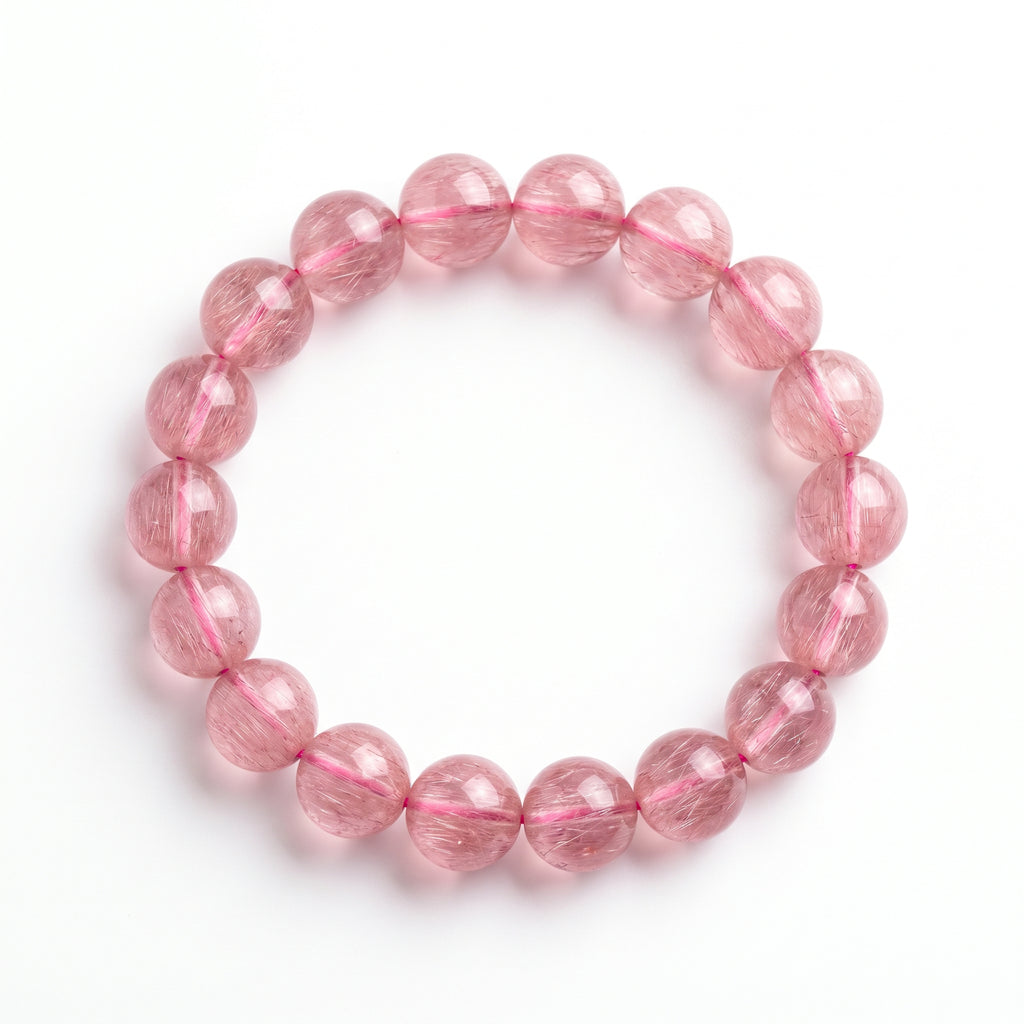 Premium Pink Rabbit Hair Quartz Beaded Bracelet | Hand-Polished Natural Gemstone Jewelry for Softness & Grace