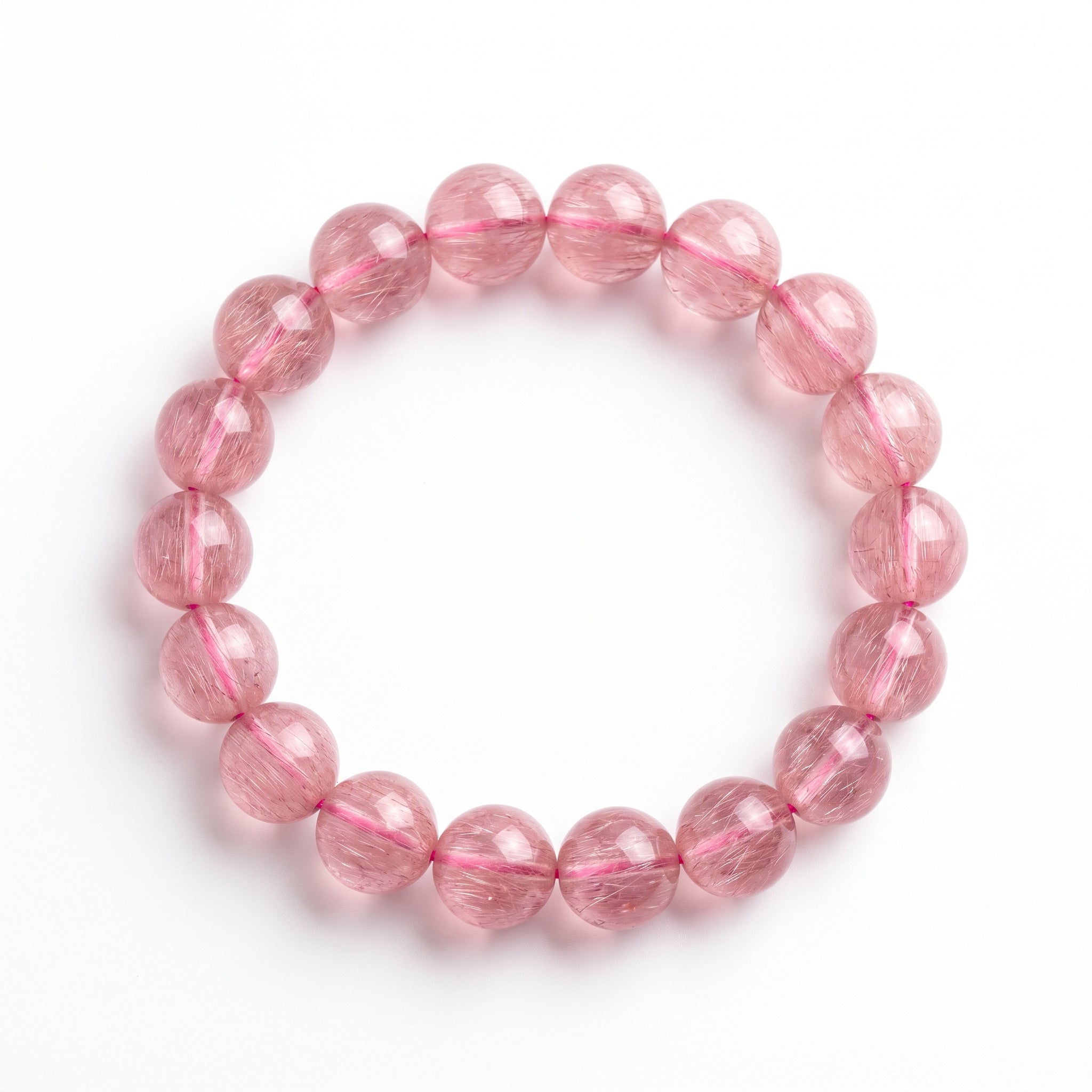Premium Pink Rabbit Hair Quartz Beaded Bracelet | Hand-Polished Natural Gemstone Jewelry for Softness & Grace