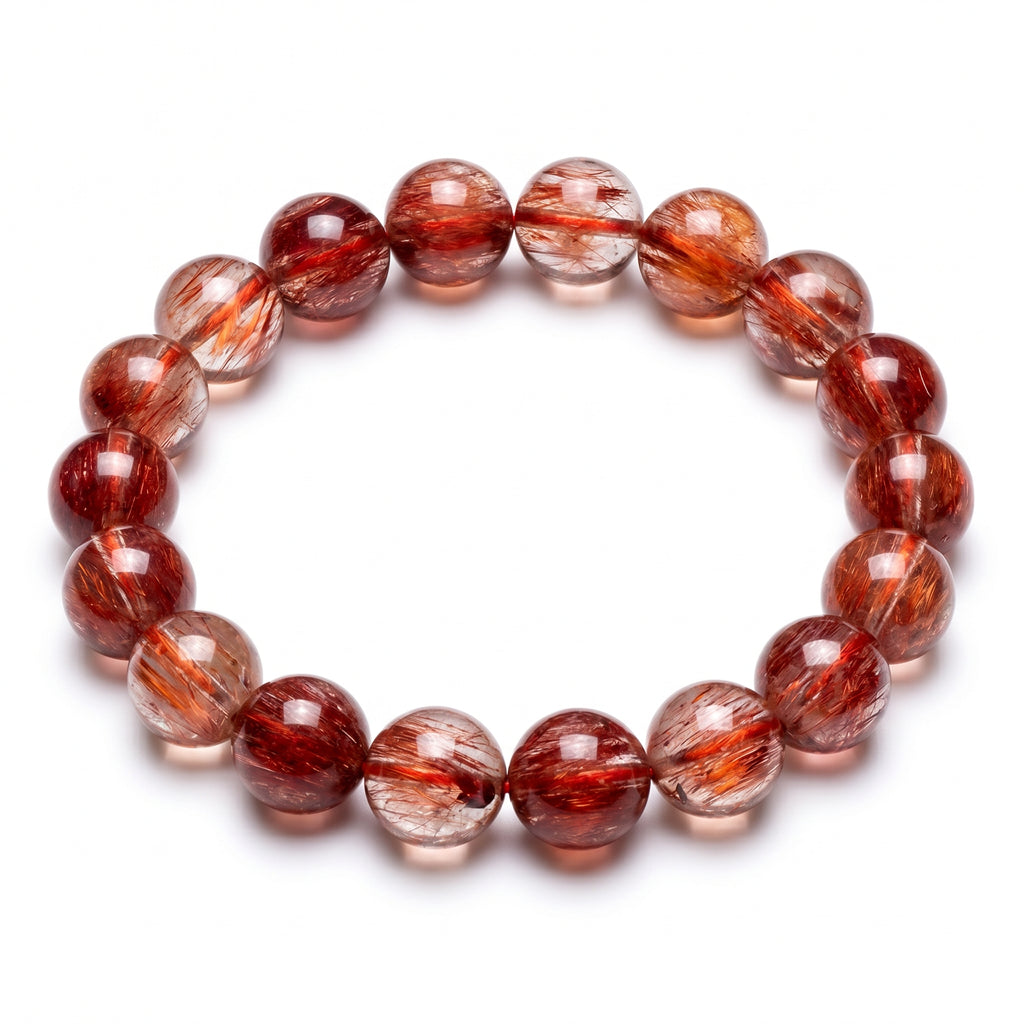 Premium Red Rabbit Hair Quartz Beaded Bracelet | Hand-Polished Natural Gemstone Jewelry for Energy & Radiance