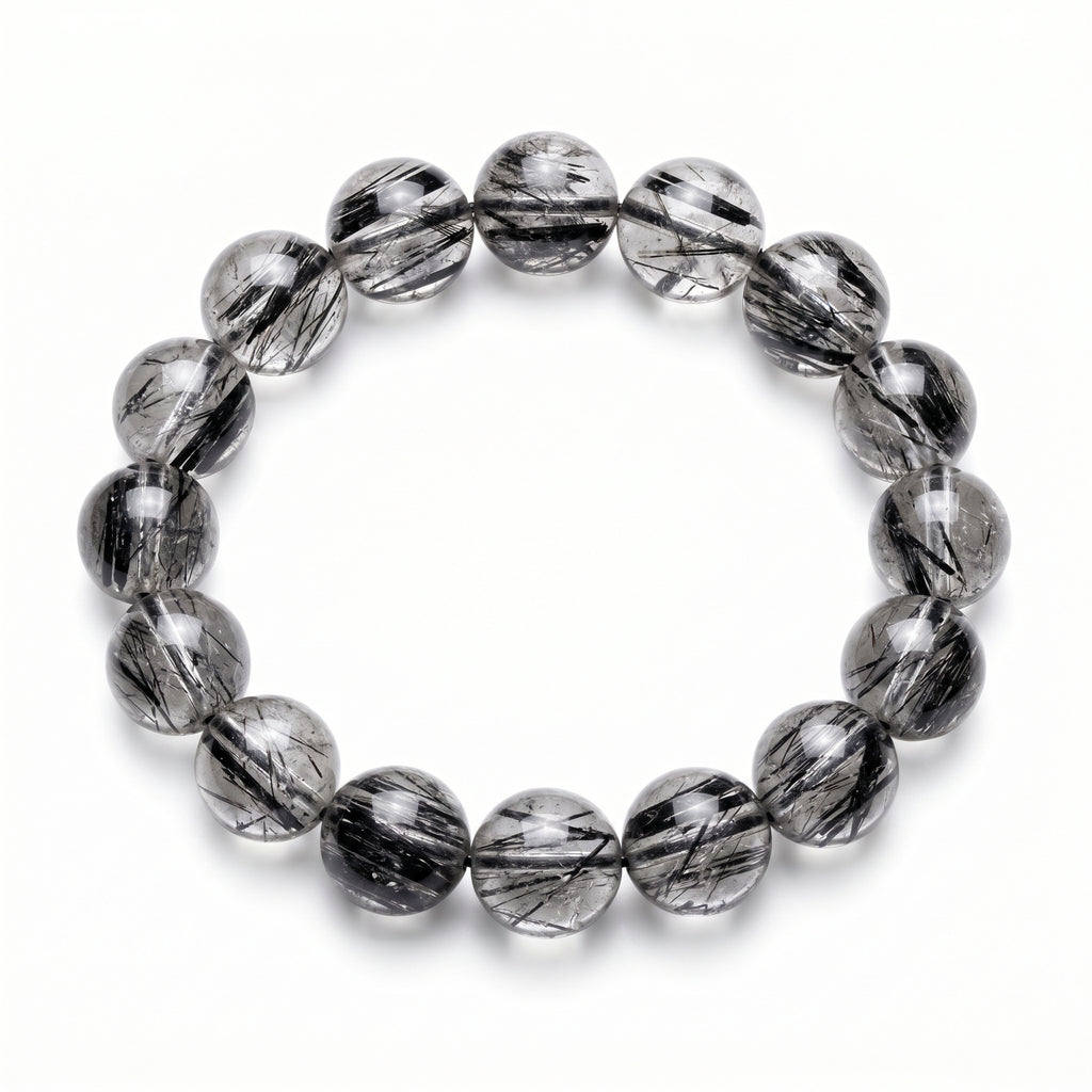 Premium Black Rutilated Quartz Beaded Bracelet | Hand-Polished Natural Gemstone Jewelry for Success & Clarity