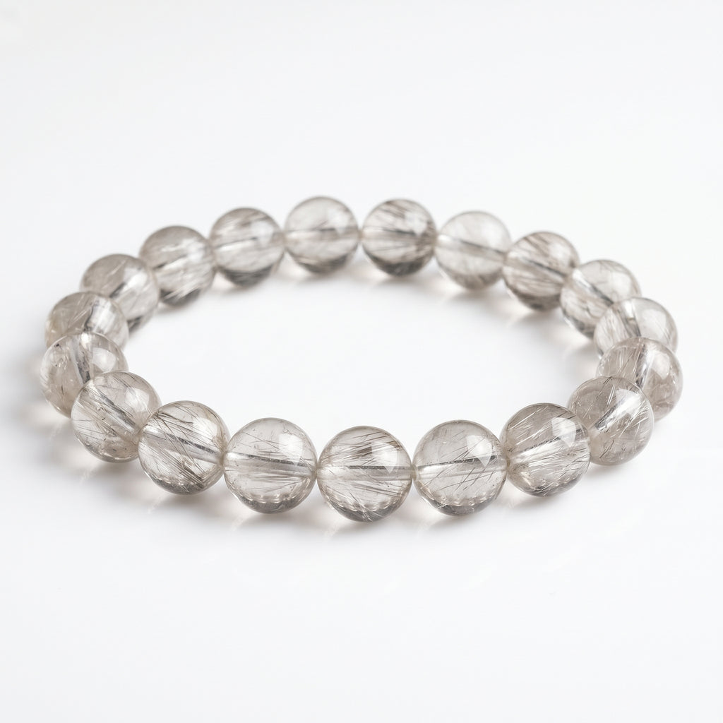 Premium Silver Rutilated Quartz Beaded Bracelet | Hand-Polished Natural Gemstone Jewelry for Wisdom & Confidence