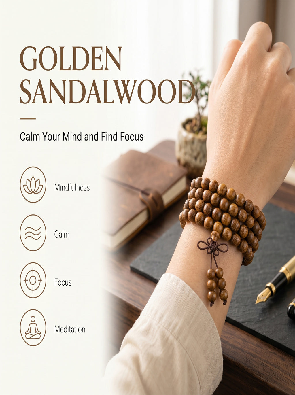 Luxury Golden Silk Sandalwood 108 Mala Beads | SUBVIBE
