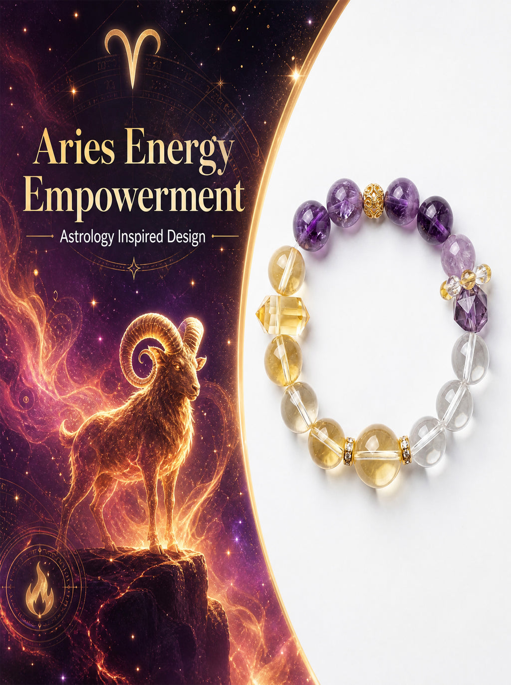 Aries Golden Manifestation Crystal Bracelet | Citrine & Amethyst Wealth Talisman