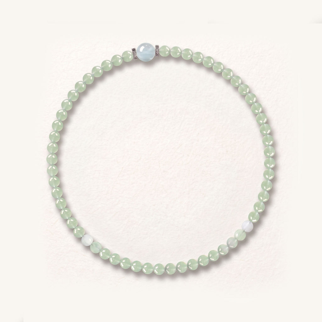 Natural Botanical Prehnite & Ocean Aquamarine Harmony Collarchain: Dual-Loop Versatile Necklace — Gangdishé Peak