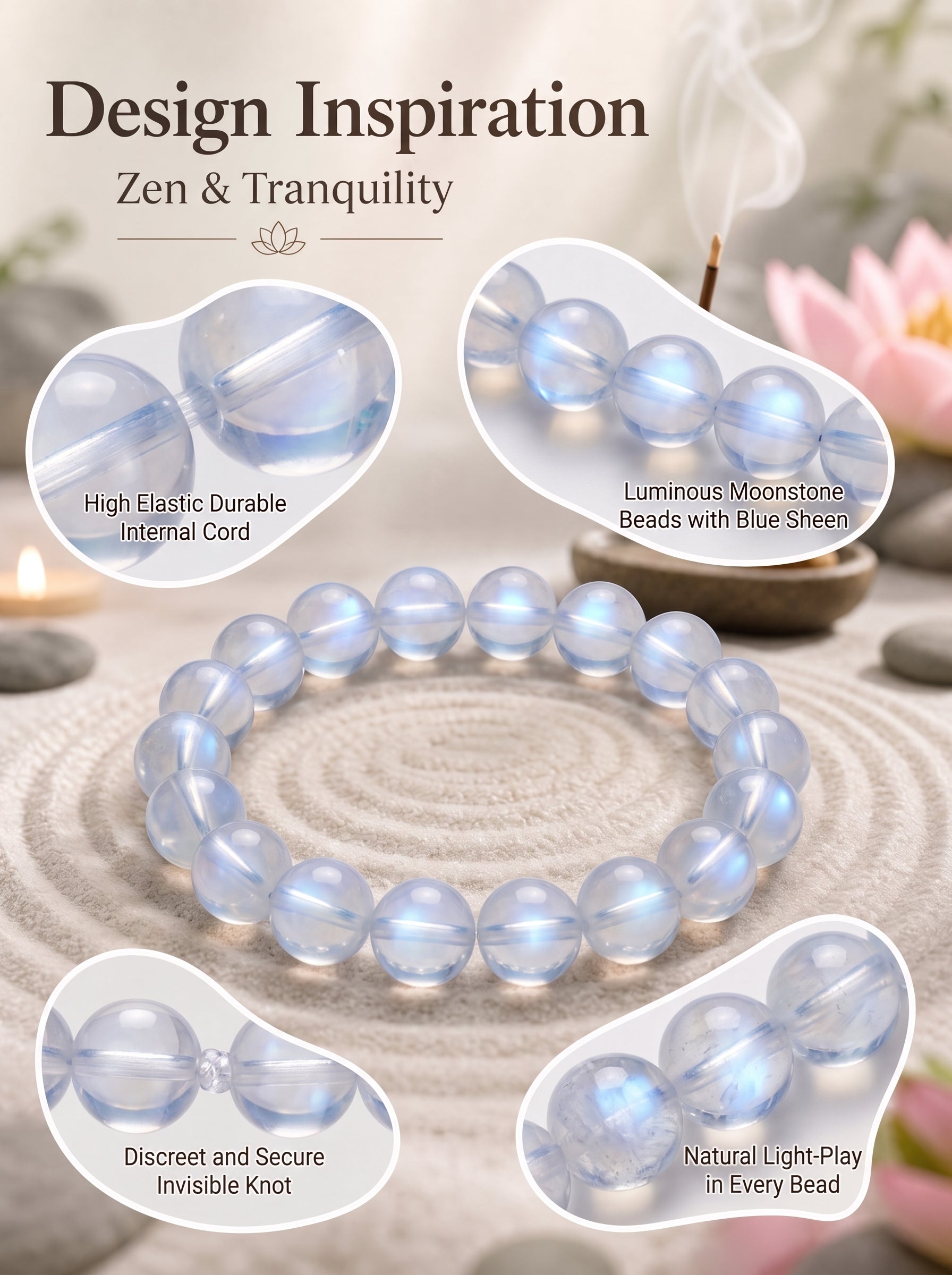 Premium Blue Moonstone Beaded Bracelet | Hand-Polished Natural Gemstone Jewelry for Calm & Intuition