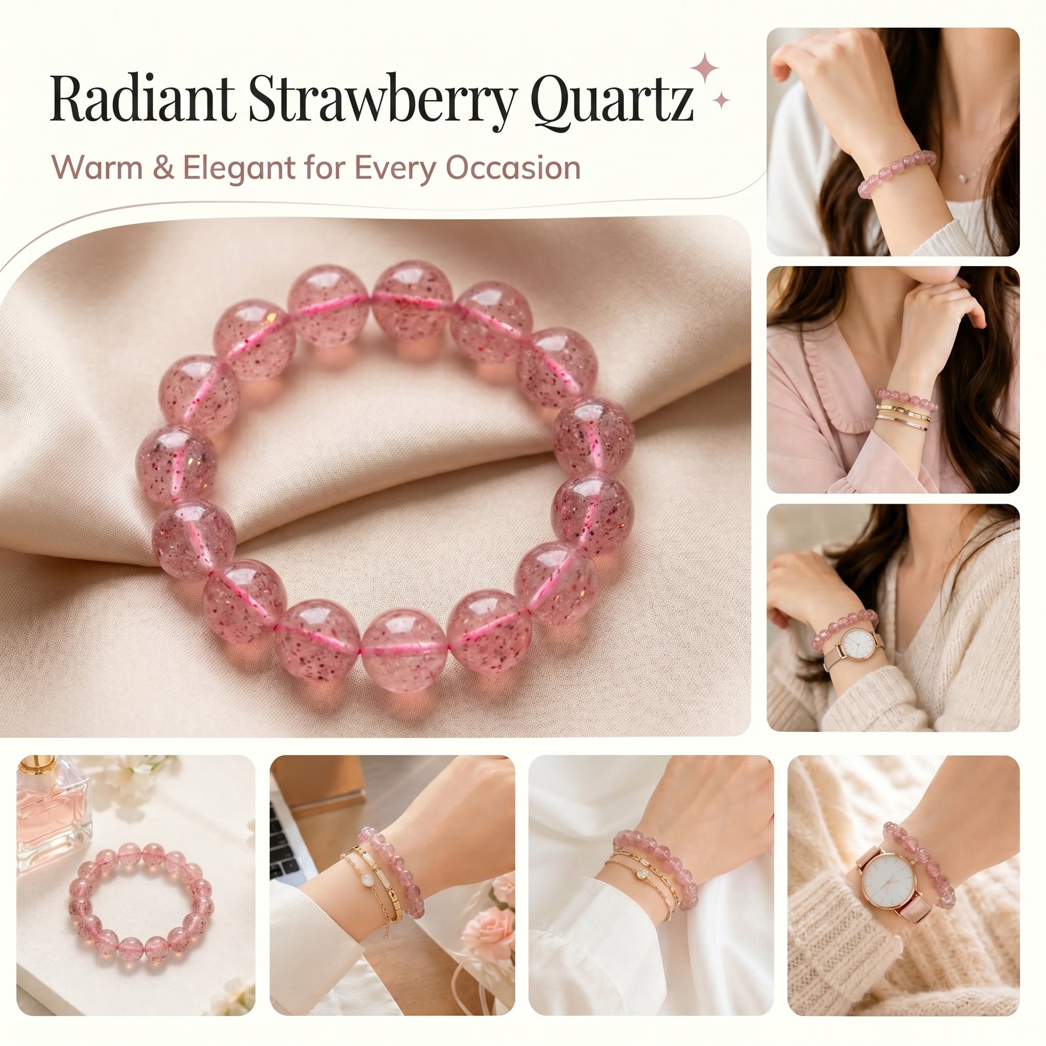 Premium Strawberry Quartz Beaded Bracelet | Hand-Polished Natural Gemstone Jewelry for Attraction & Harmony