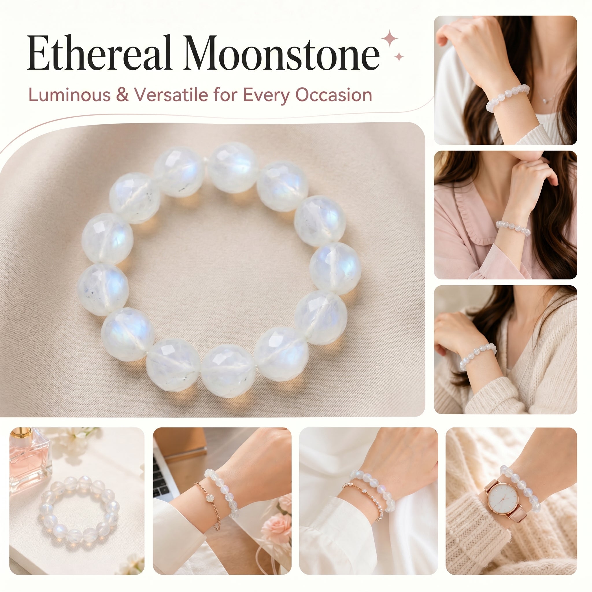Premium White Moonstone Beaded Bracelet | Hand-Polished Natural Gemstone Jewelry for Clarity & Grace