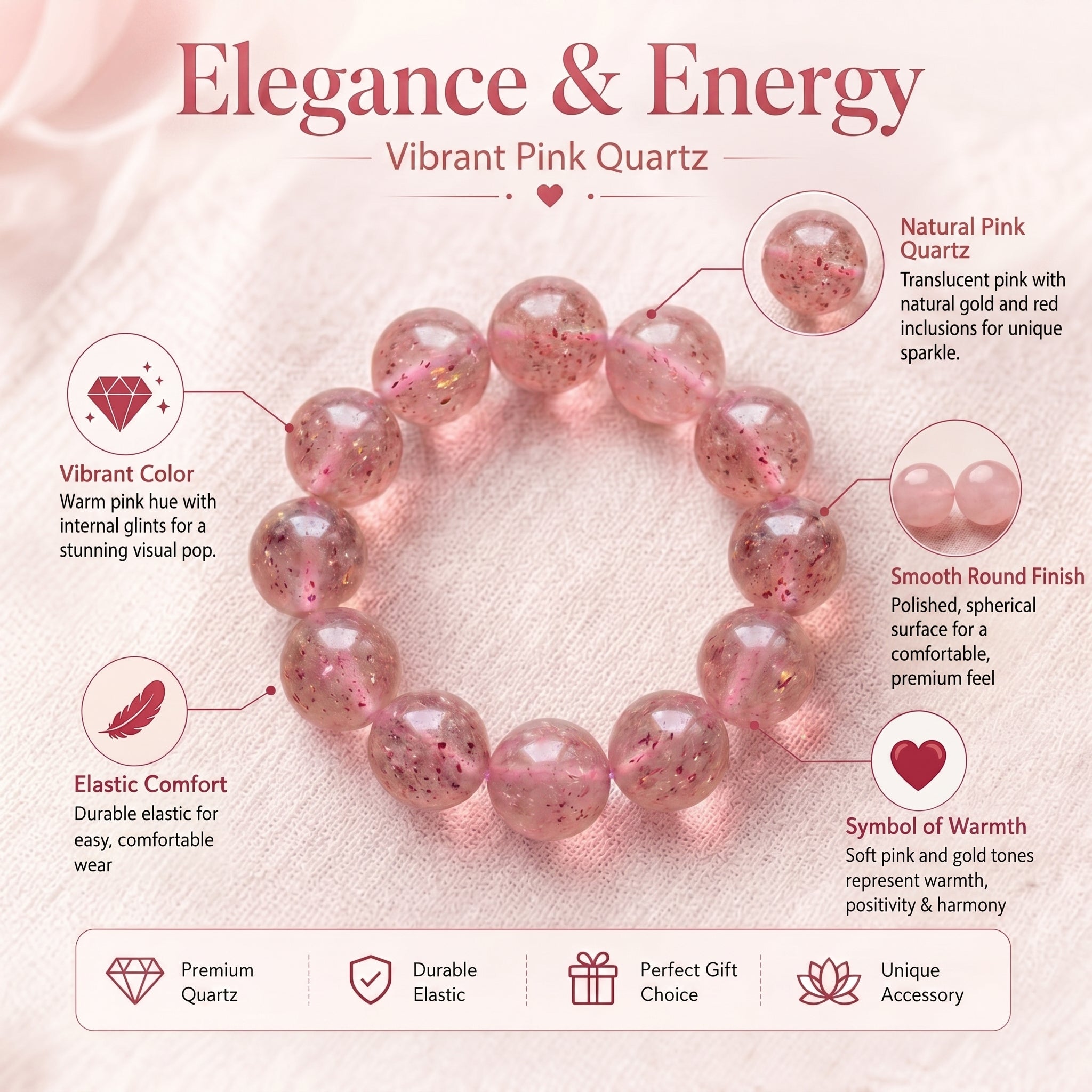 Premium Strawberry Quartz Beaded Bracelet | Hand-Polished Natural Gemstone Jewelry for Attraction & Harmony