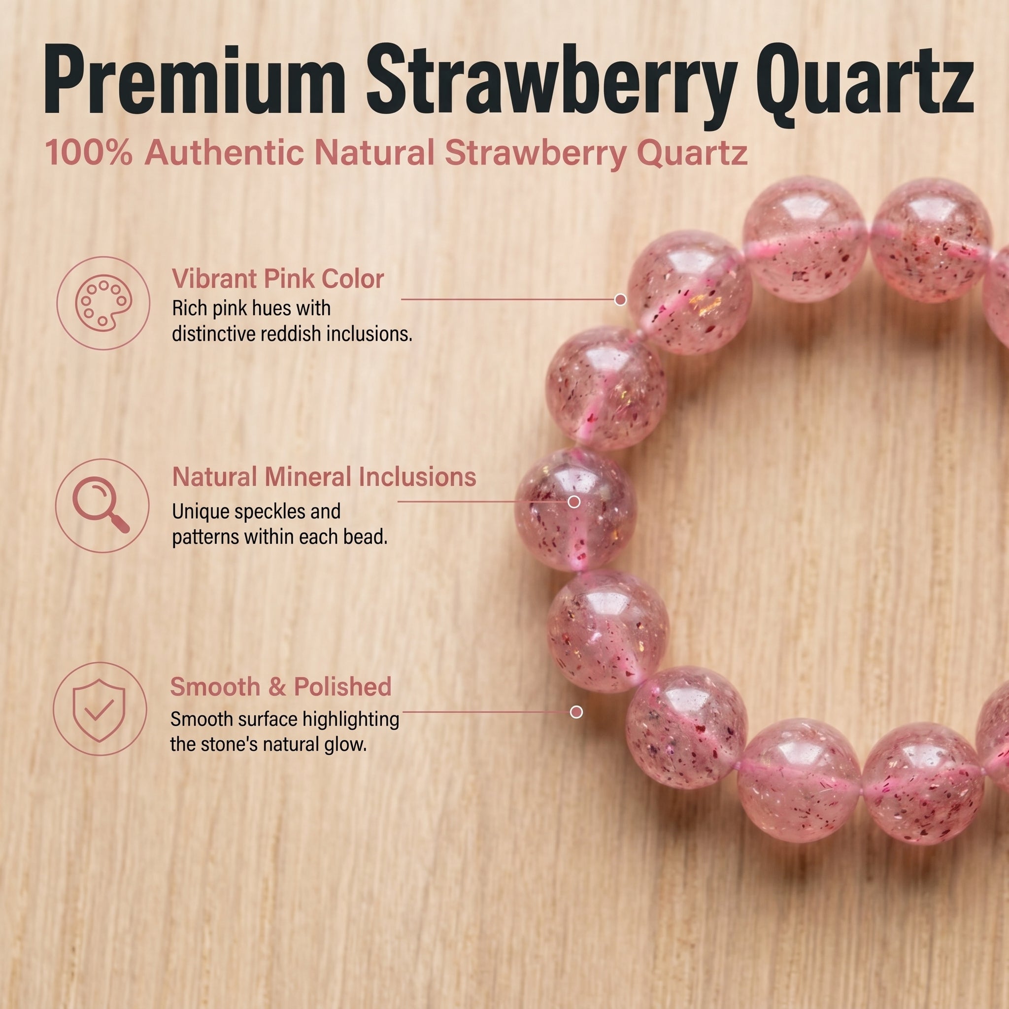 Premium Strawberry Quartz Beaded Bracelet | Hand-Polished Natural Gemstone Jewelry for Attraction & Harmony
