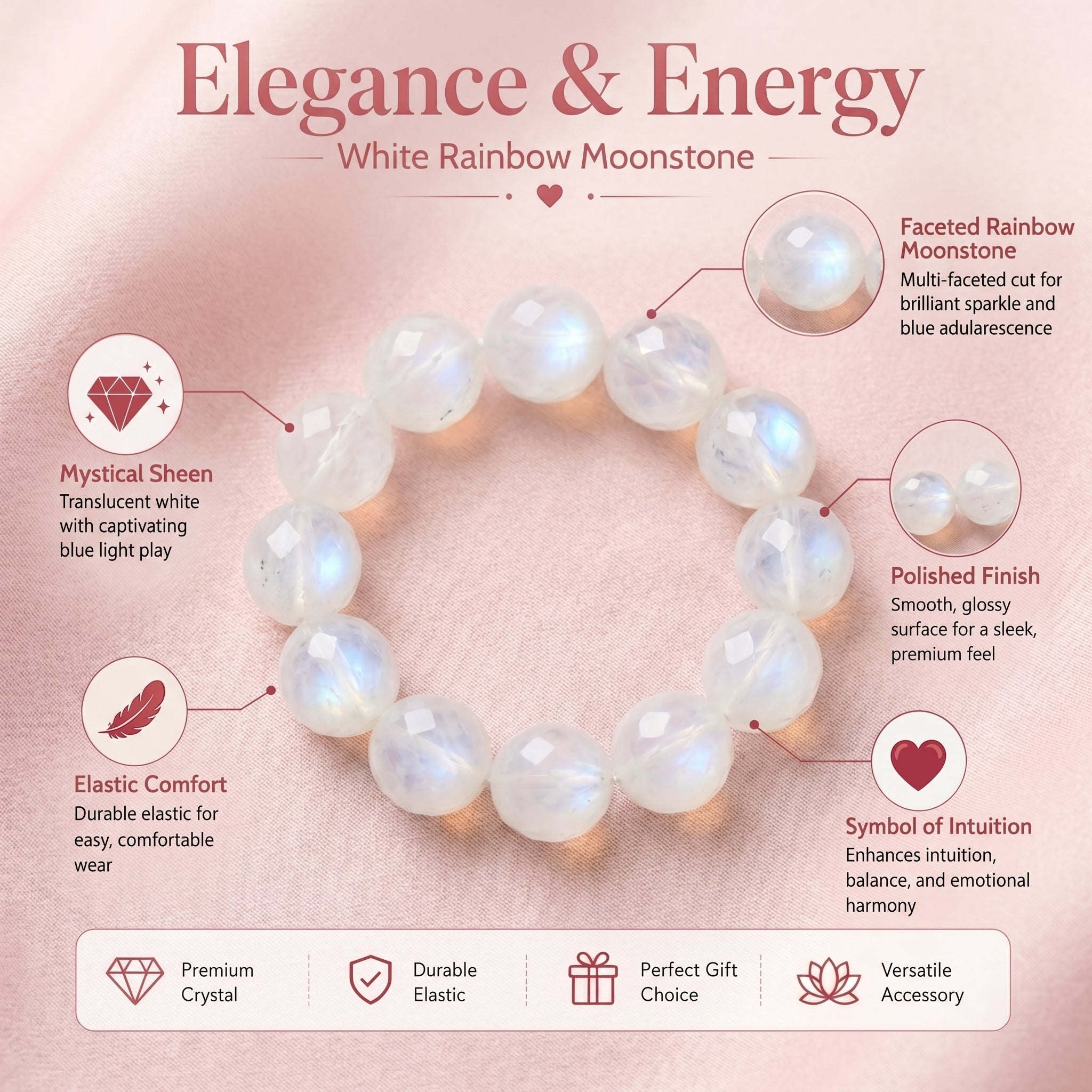 Premium White Moonstone Beaded Bracelet | Hand-Polished Natural Gemstone Jewelry for Clarity & Grace