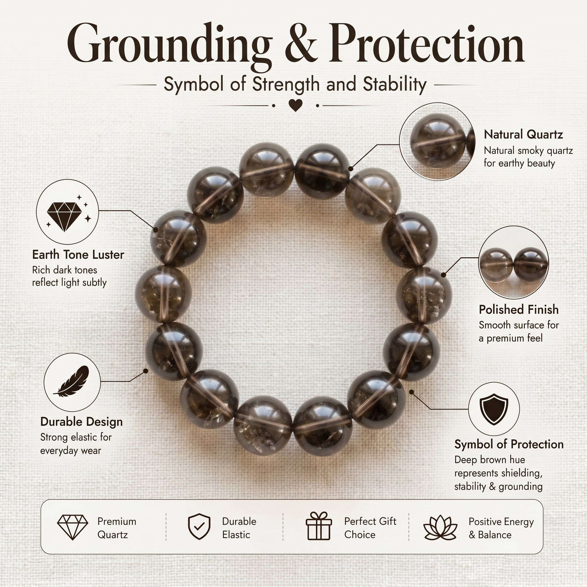 Premium Smoky Quartz Beaded Bracelet | Hand-Polished Natural Gemstone Jewelry for Mindfulness & Clarity