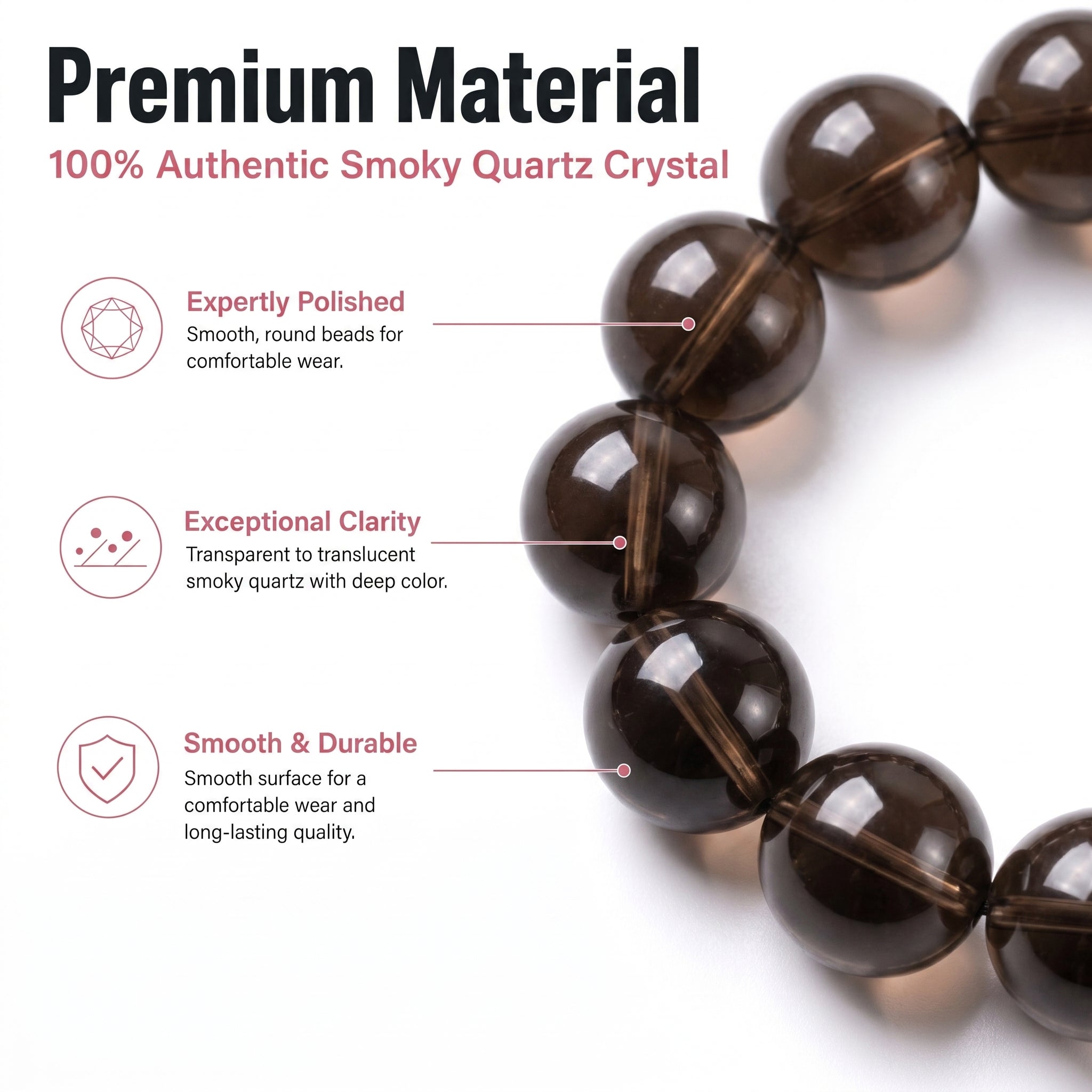Premium Smoky Quartz Beaded Bracelet | Hand-Polished Natural Gemstone Jewelry for Mindfulness & Clarity