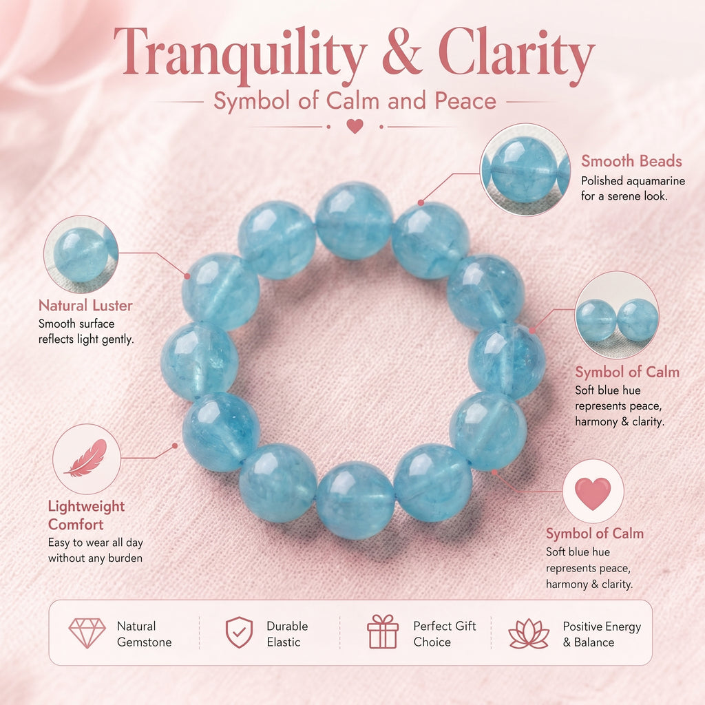 Premium Aquamarine Beaded Bracelet | Hand-Polished Natural Gemstone Jewelry for Clarity & Communication