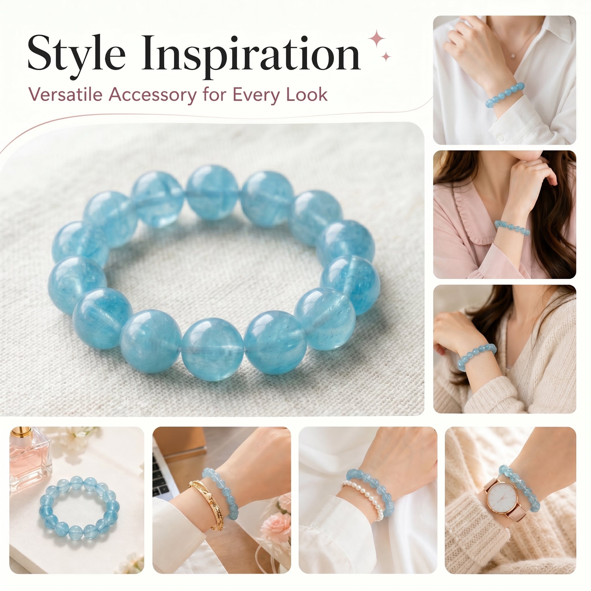 Premium Aquamarine Beaded Bracelet | Hand-Polished Natural Gemstone Jewelry for Clarity & Communication
