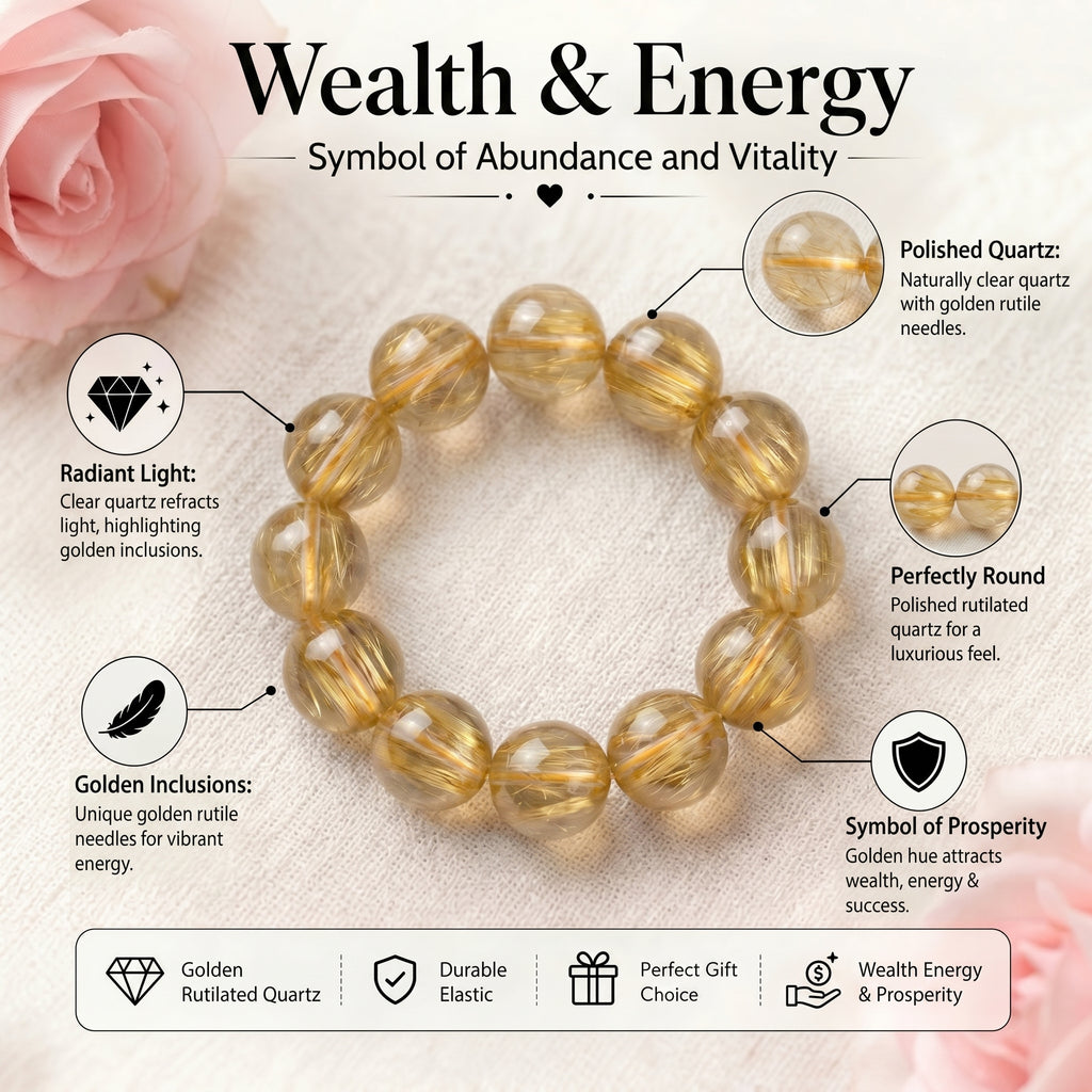 Premium Golden Rutilated Quartz Beaded Bracelet | Hand-Polished Natural Gemstone Jewelry for Abundance & Success