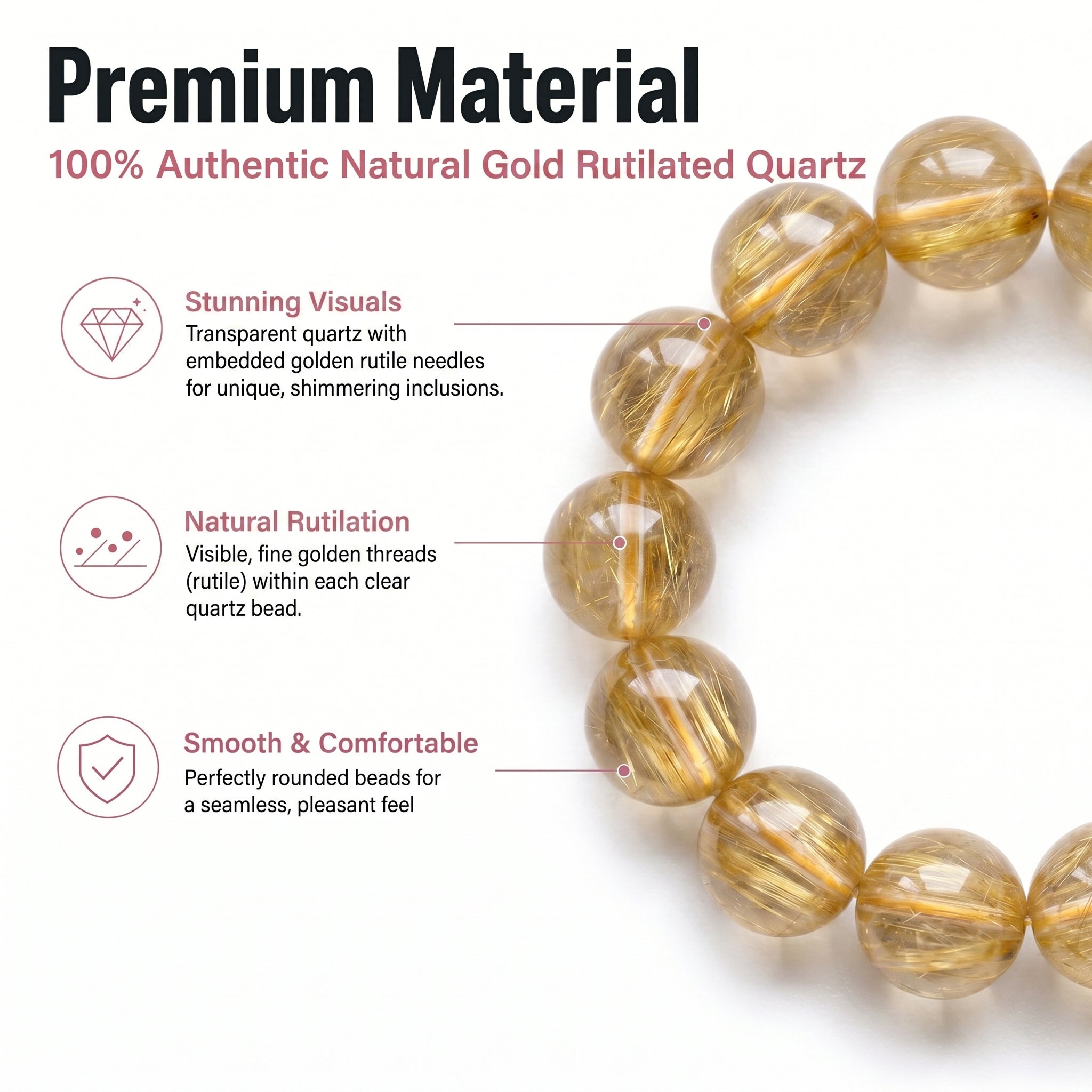 Premium Golden Rutilated Quartz Beaded Bracelet | Hand-Polished Natural Gemstone Jewelry for Abundance & Success
