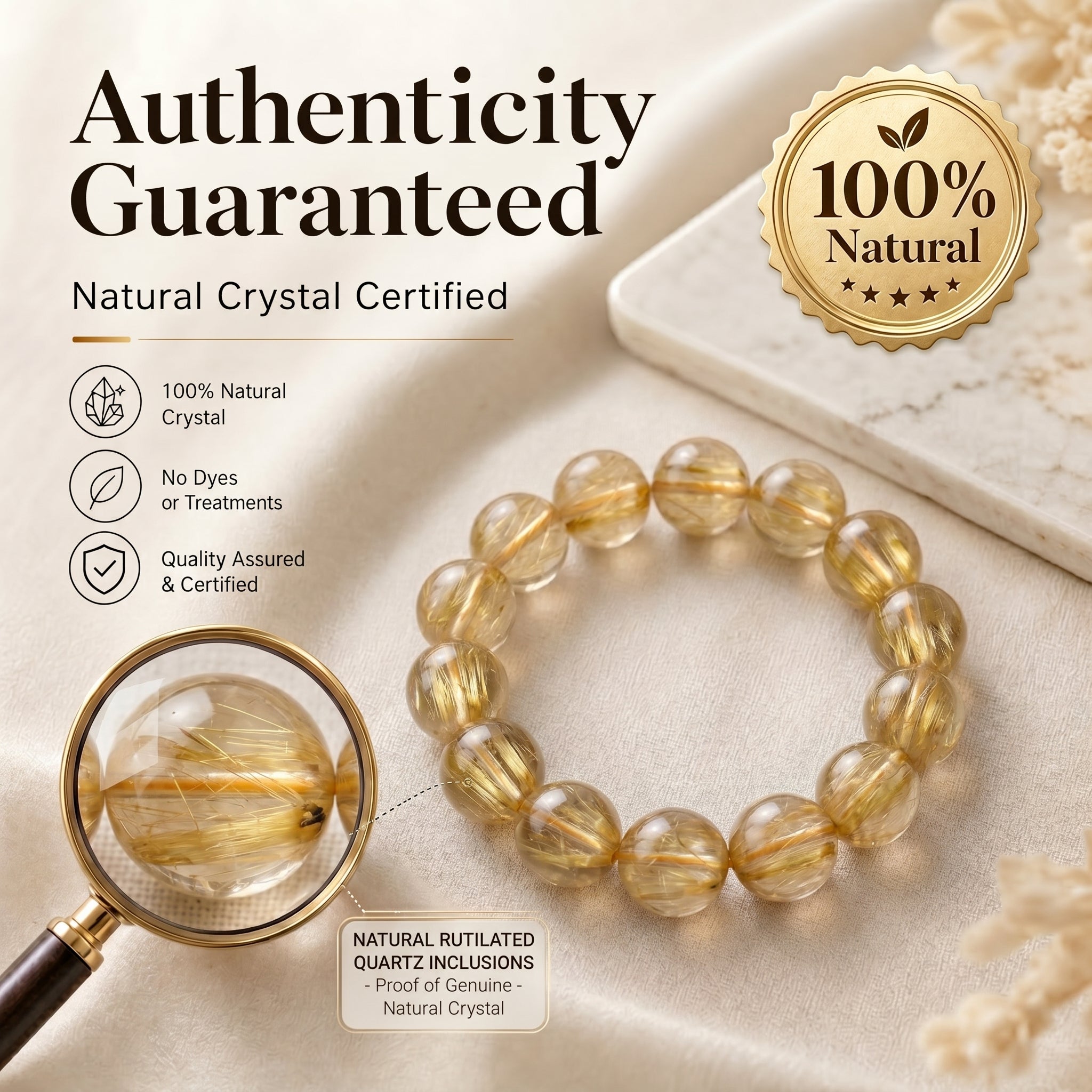 Premium Golden Rutilated Quartz Beaded Bracelet | Hand-Polished Natural Gemstone Jewelry for Abundance & Success