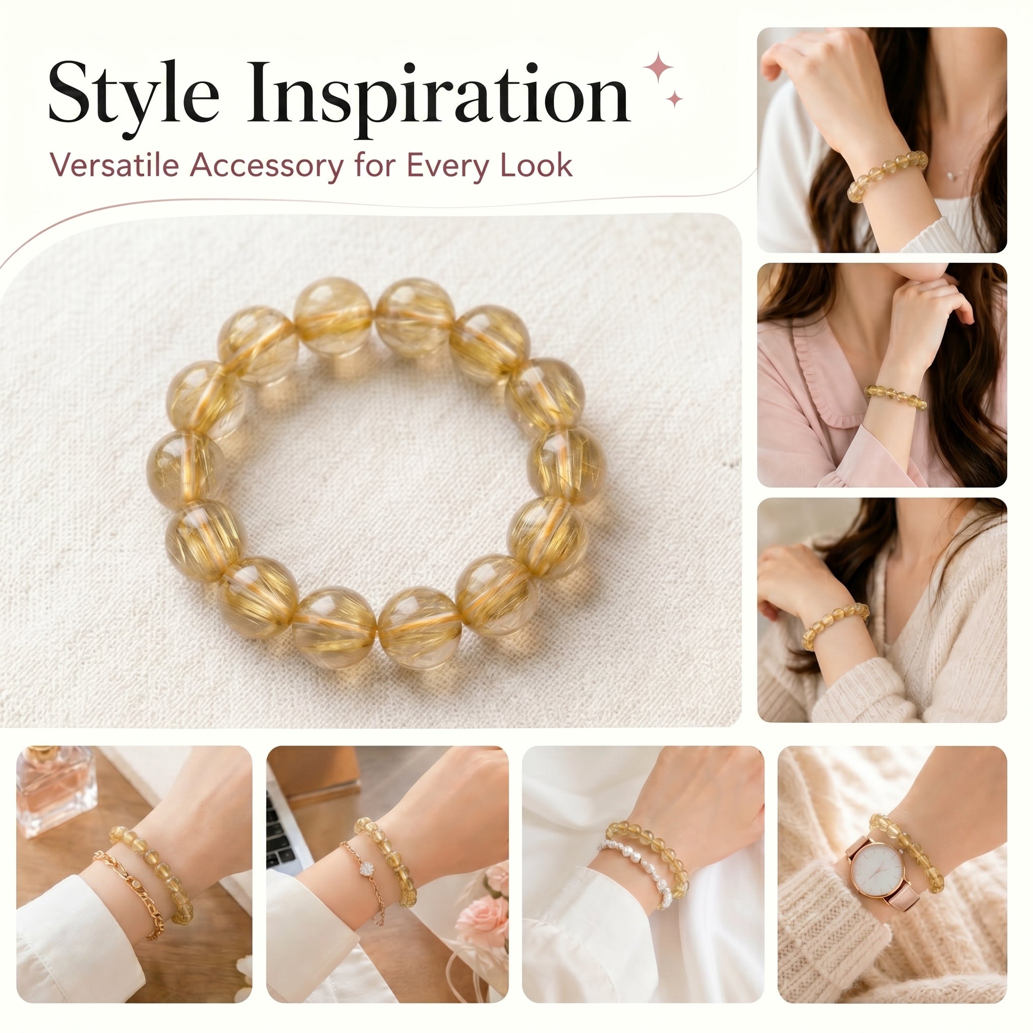 Premium Golden Rutilated Quartz Beaded Bracelet | Hand-Polished Natural Gemstone Jewelry for Abundance & Success