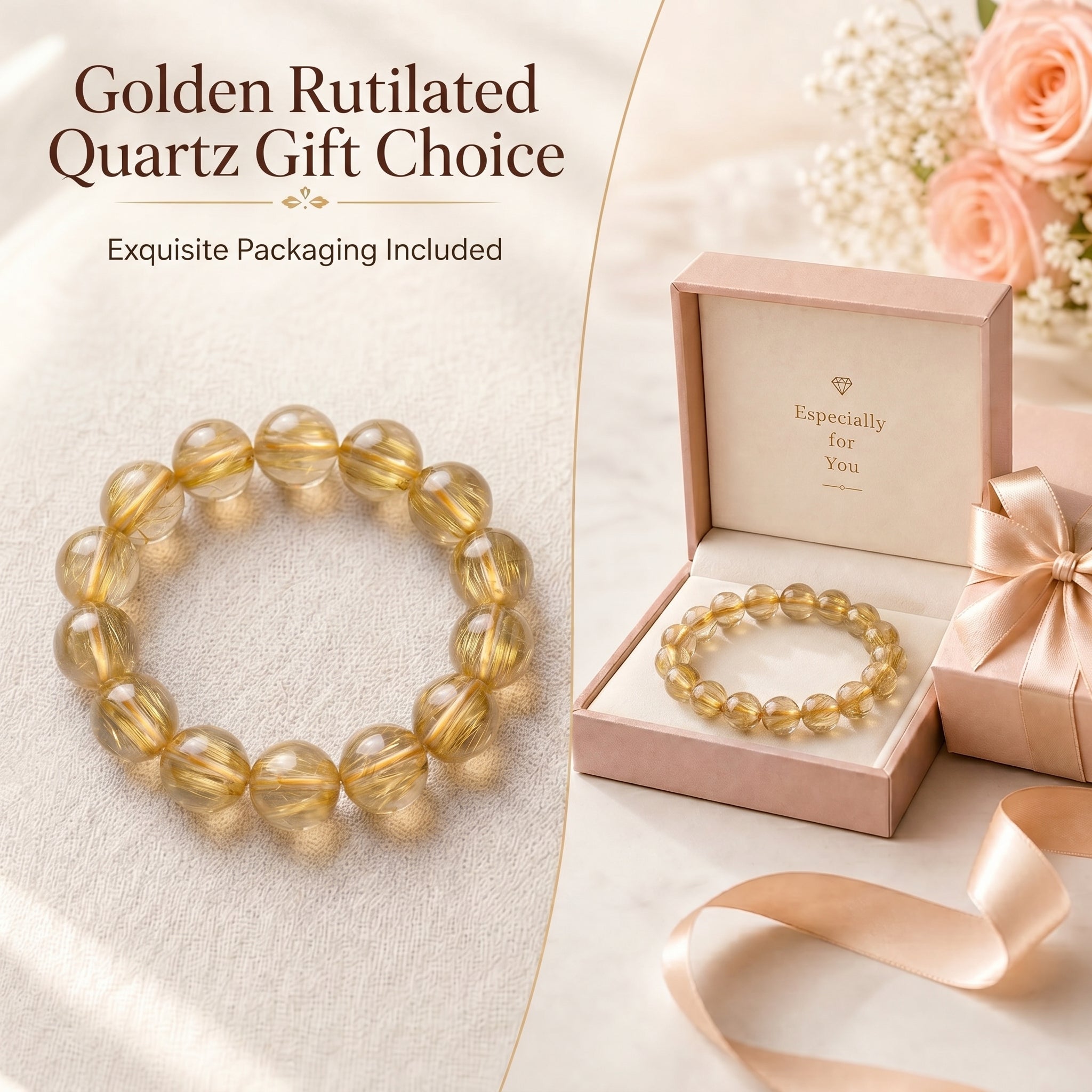 Premium Golden Rutilated Quartz Beaded Bracelet | Hand-Polished Natural Gemstone Jewelry for Abundance & Success