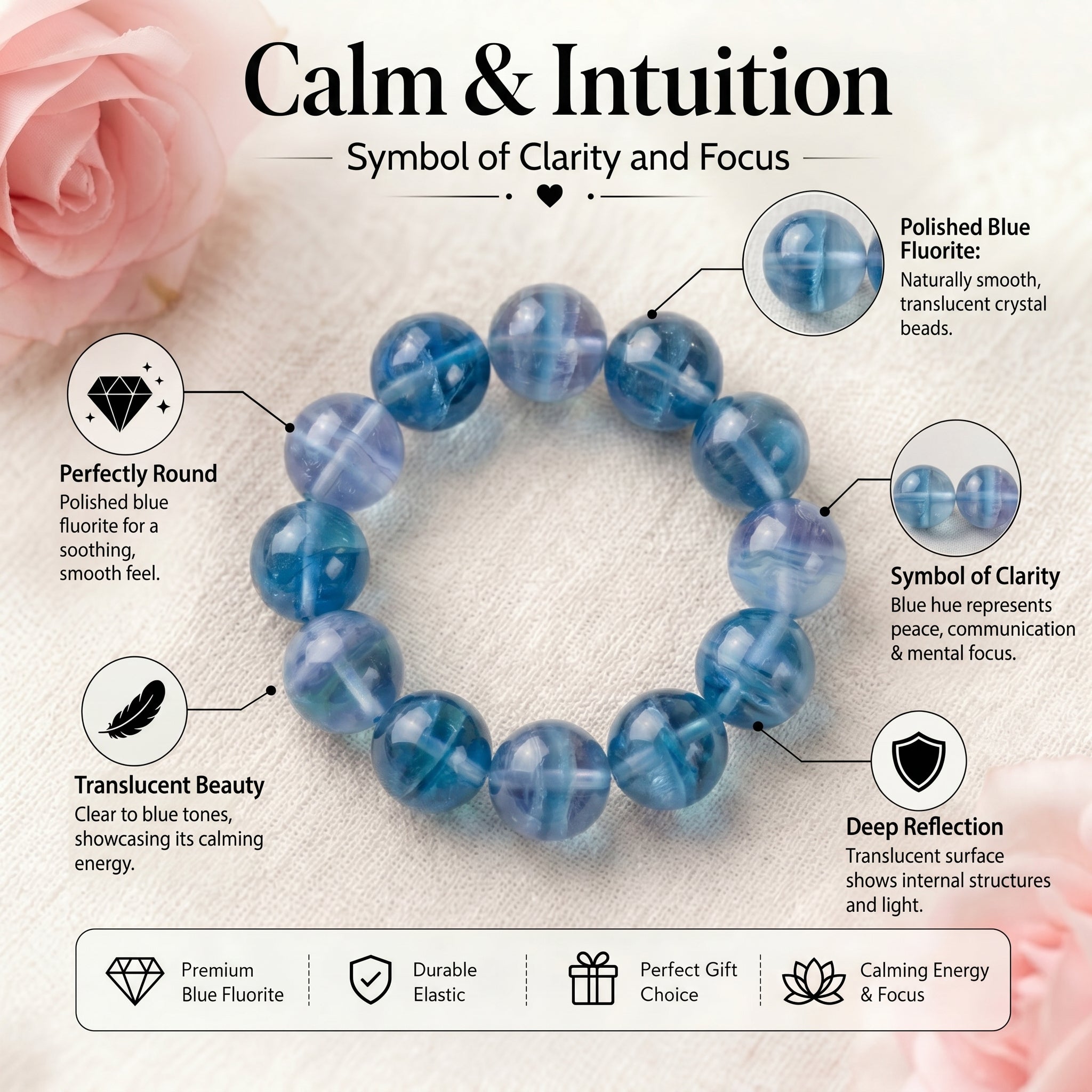 Premium Blue Fluorite Beaded Bracelet | Hand-Polished Natural Gemstone Jewelry for Clarity & Focus