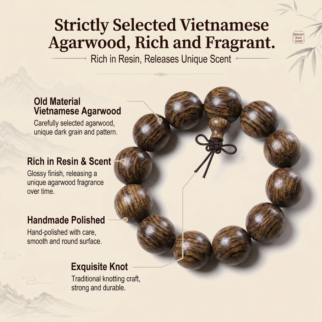 Luxury Hand-Polished Agarwood Beaded Bracelet | Oriental Zen Style for Taste & Serenity