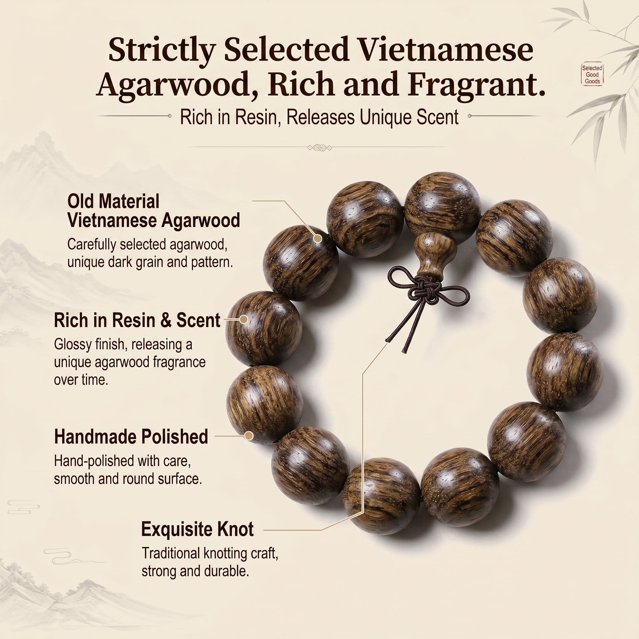 Luxury Hand-Polished Agarwood Beaded Bracelet | Oriental Zen Style for Taste & Serenity