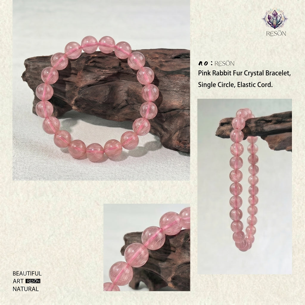 Premium Pink Rabbit Hair Quartz Beaded Bracelet | Hand-Polished Natural Gemstone Jewelry for Softness & Grace