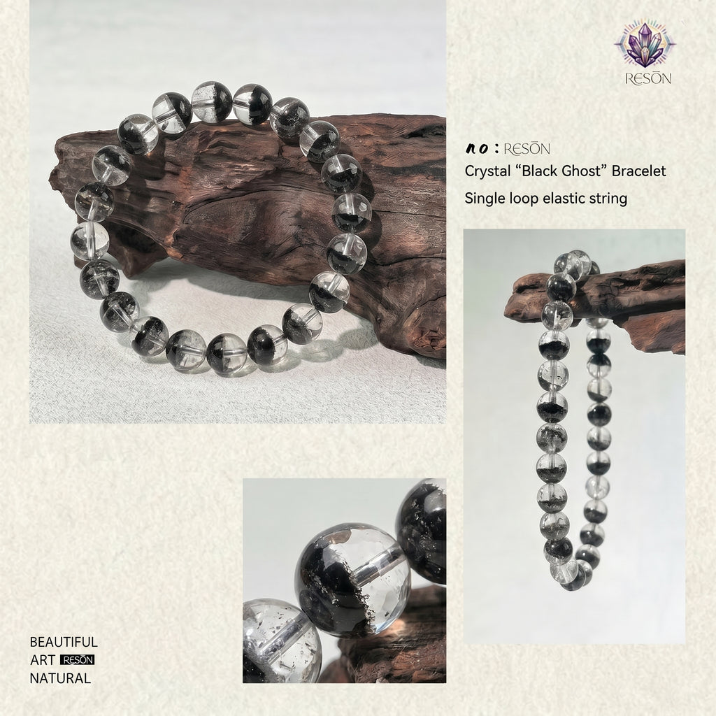 Premium Black Phantom Quartz Beaded Bracelet | Hand-Polished Natural Crystal Jewelry for Clarity & Protection