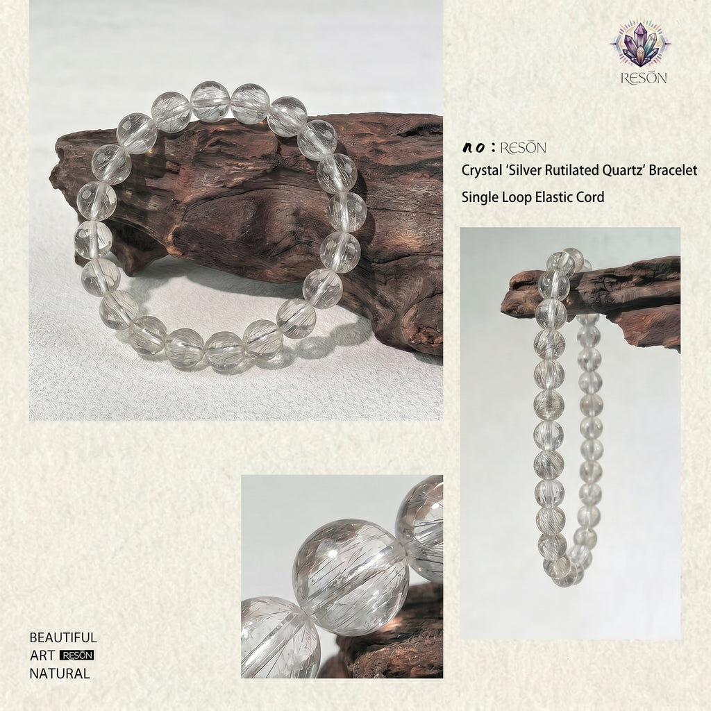Premium Silver Rutilated Quartz Beaded Bracelet | Hand-Polished Natural Gemstone Jewelry for Wisdom & Confidence