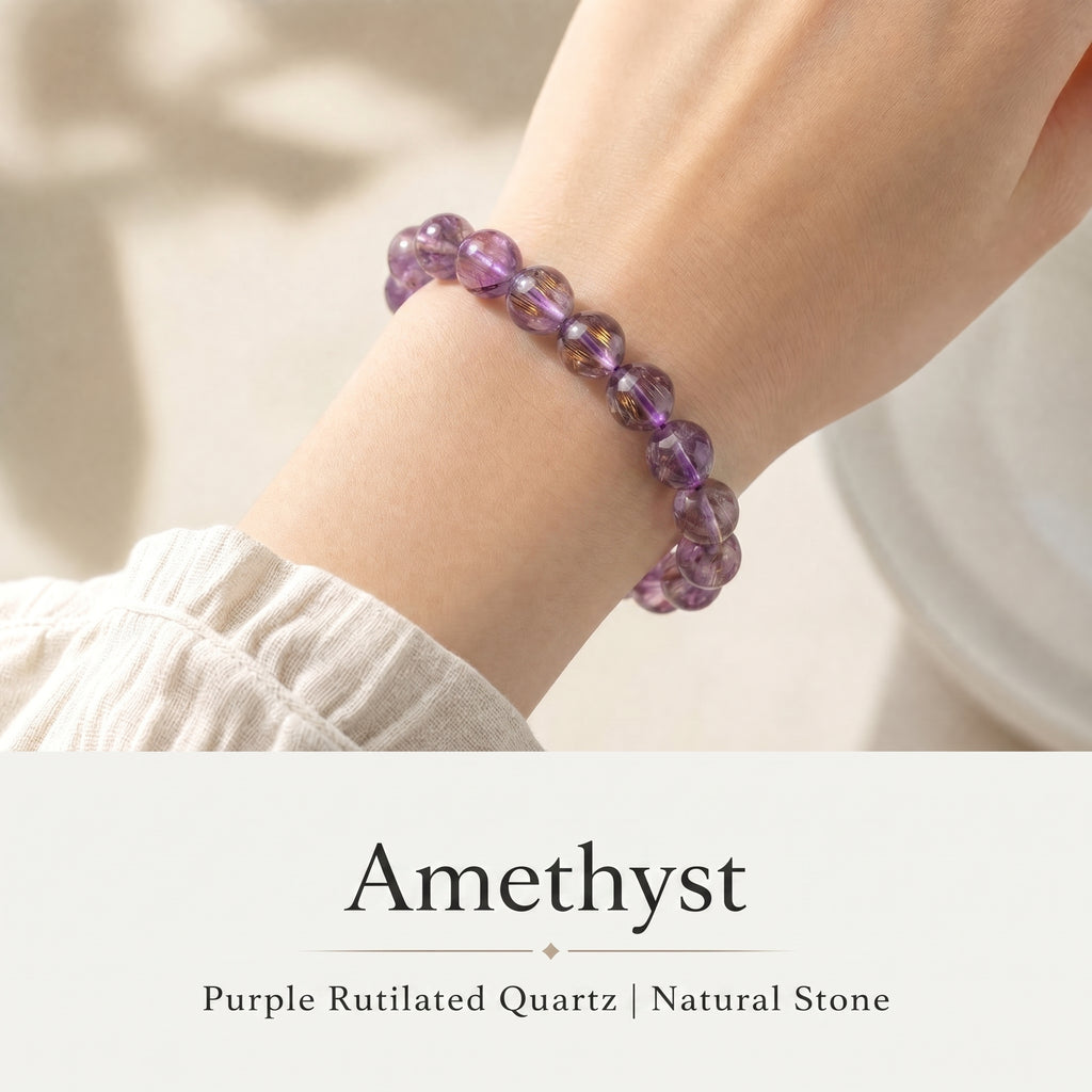 Authentic Purple Rutilated Quartz Bracelet | The "Stone of Prosperity" | Unique Healing Crystal Jewelry