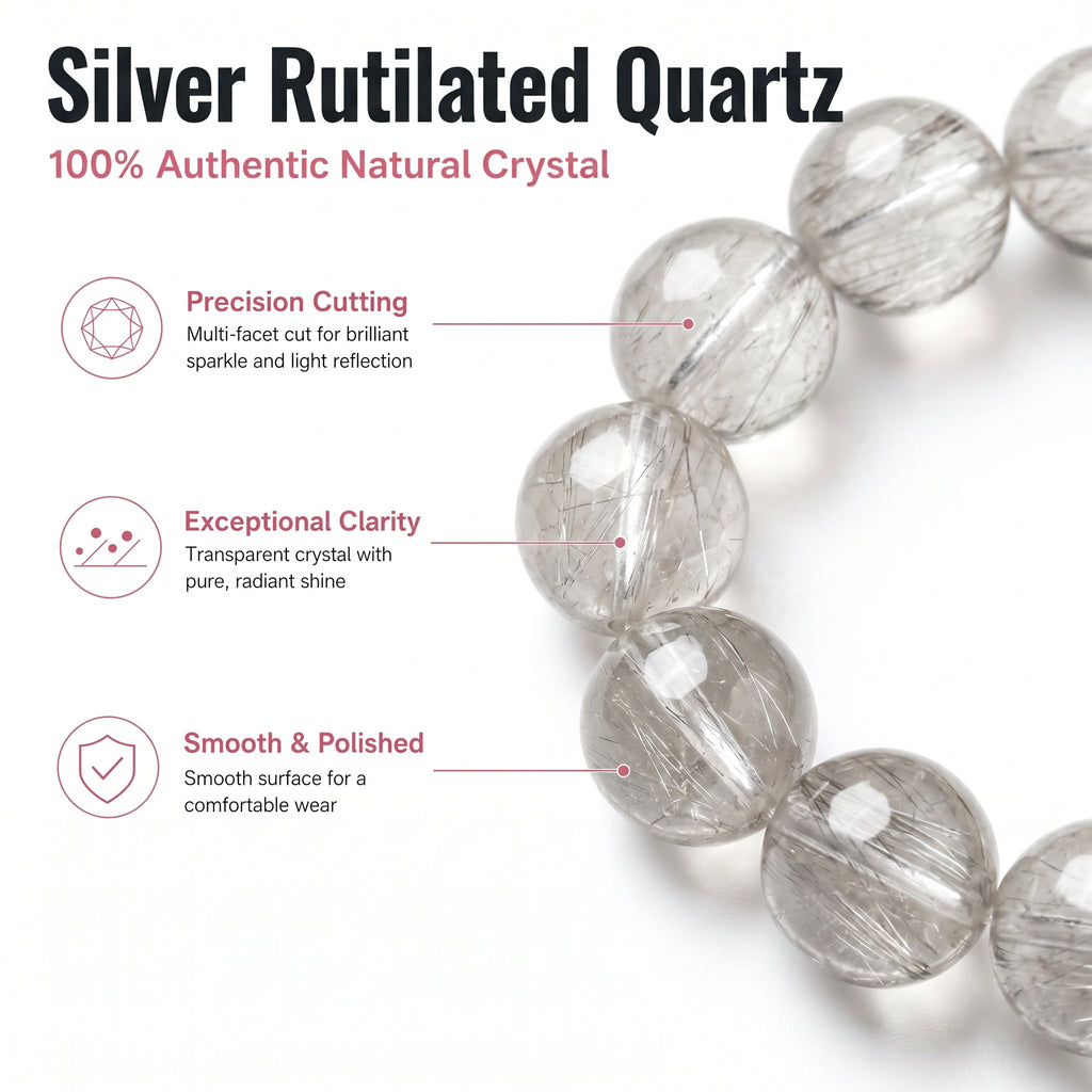 Premium Silver Rutilated Quartz Beaded Bracelet | Hand-Polished Natural Gemstone Jewelry for Wisdom & Confidence