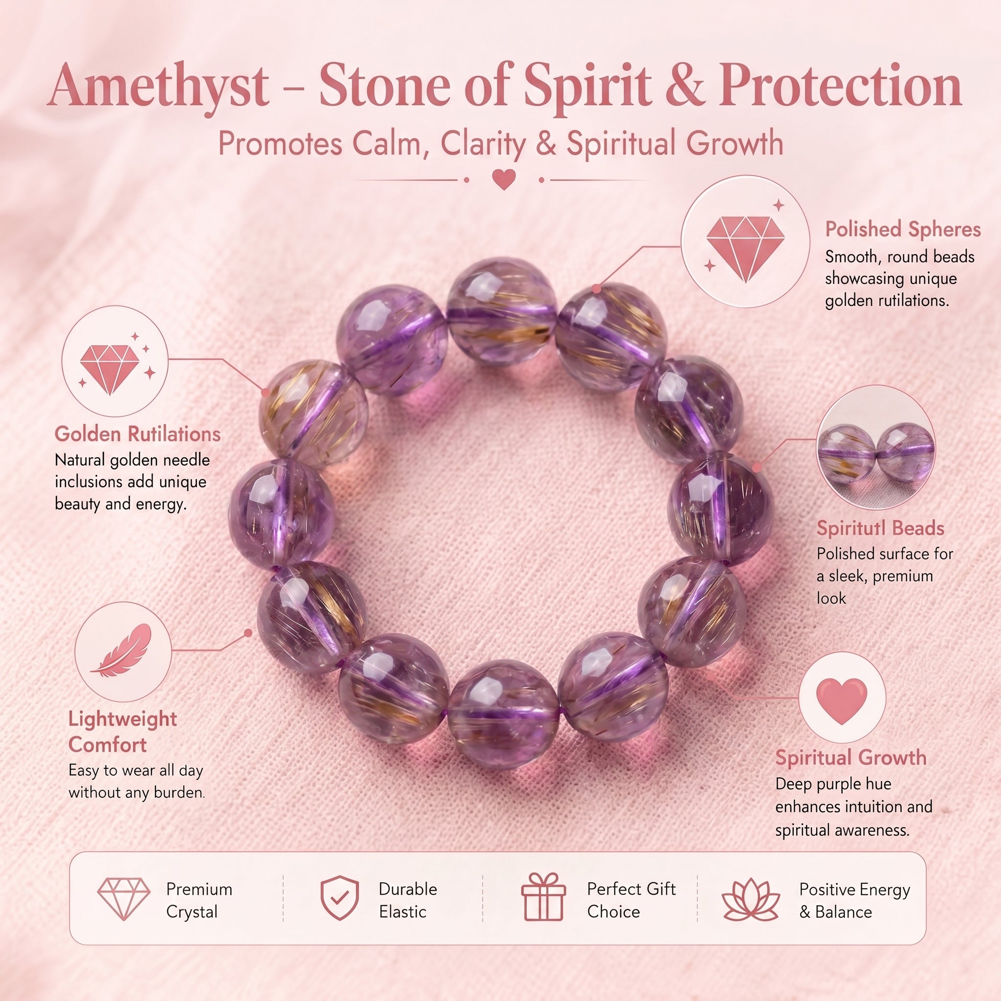 Authentic Purple Rutilated Quartz Bracelet | The "Stone of Prosperity" | Unique Healing Crystal Jewelry