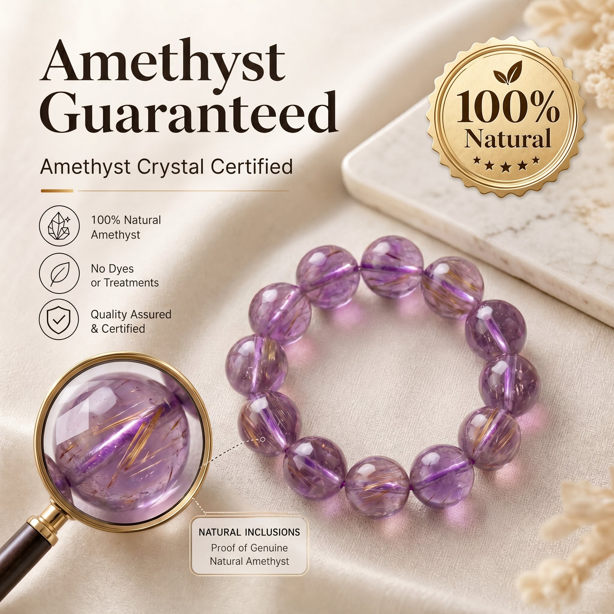 Authentic Purple Rutilated Quartz Bracelet | The "Stone of Prosperity" | Unique Healing Crystal Jewelry