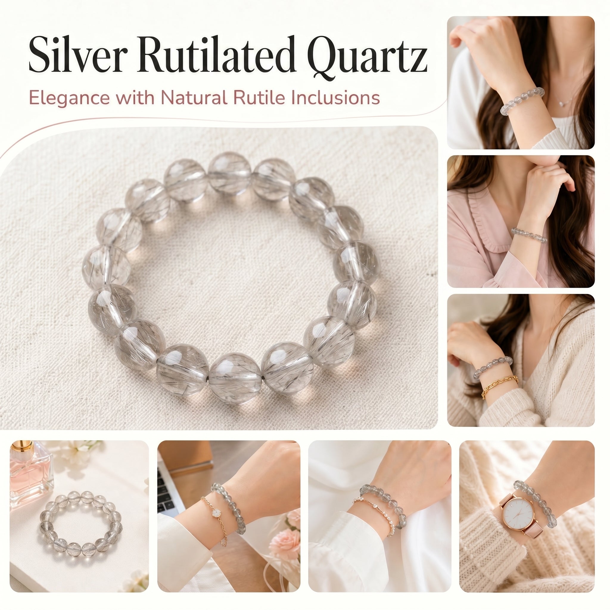 Premium Silver Rutilated Quartz Beaded Bracelet | Hand-Polished Natural Gemstone Jewelry for Wisdom & Confidence