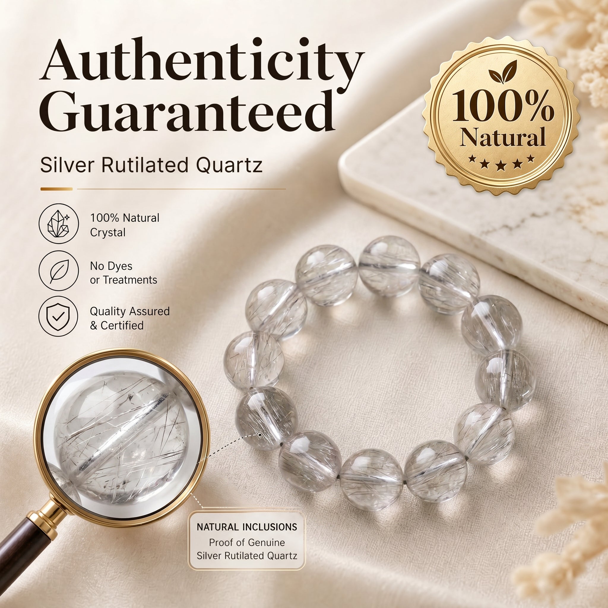 Premium Silver Rutilated Quartz Beaded Bracelet | Hand-Polished Natural Gemstone Jewelry for Wisdom & Confidence