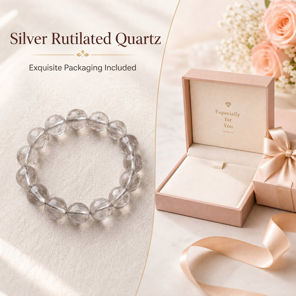 Premium Silver Rutilated Quartz Beaded Bracelet | Hand-Polished Natural Gemstone Jewelry for Wisdom & Confidence