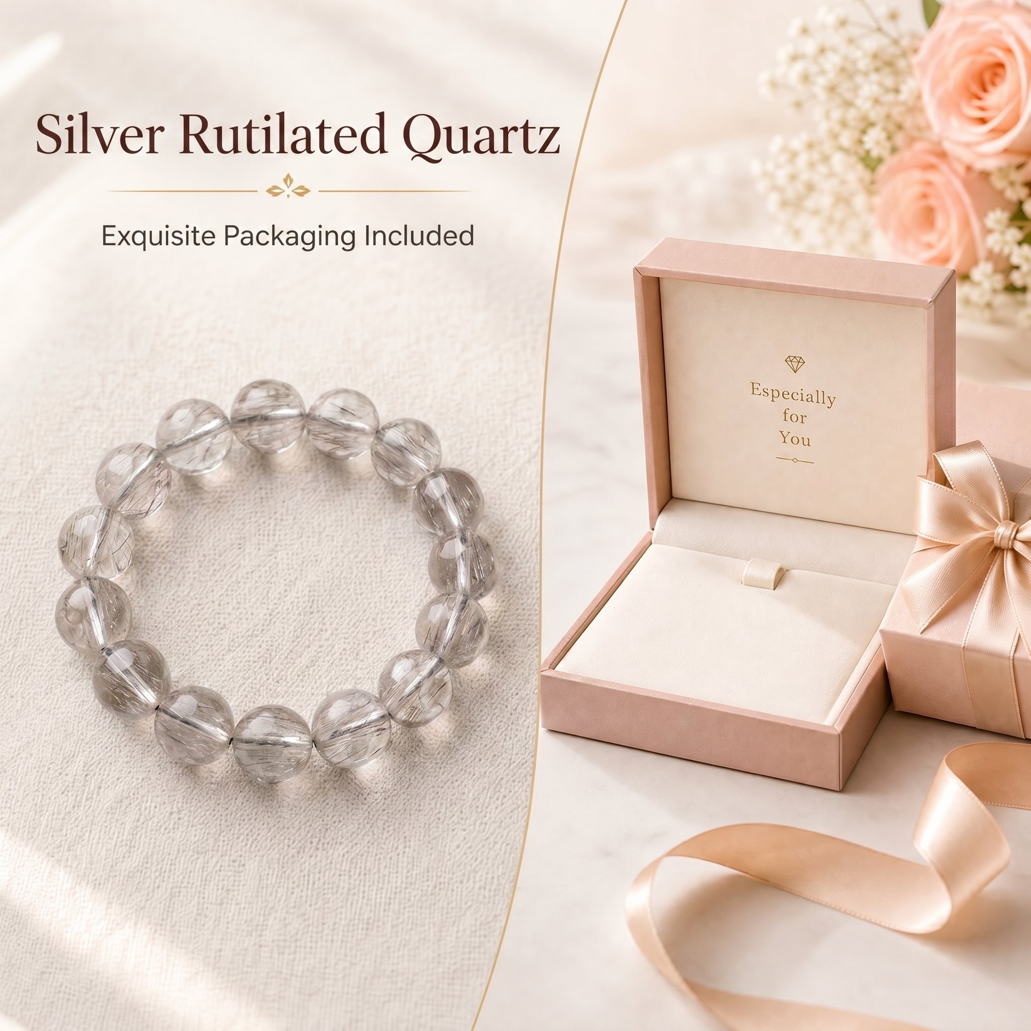 Premium Silver Rutilated Quartz Beaded Bracelet | Hand-Polished Natural Gemstone Jewelry for Wisdom & Confidence