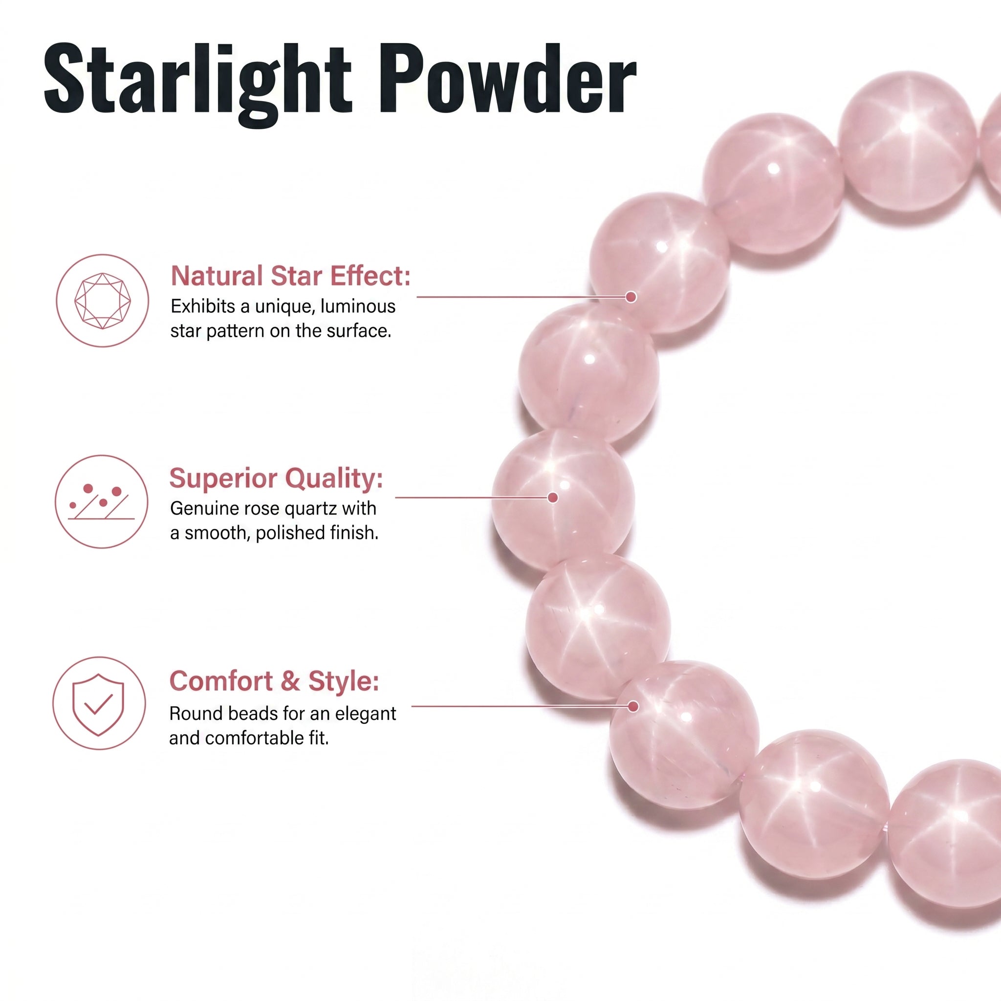 Premium Star Rose Quartz Beaded Bracelet | Hand-Polished Natural Gemstone Jewelry for Attraction & Inner Peace