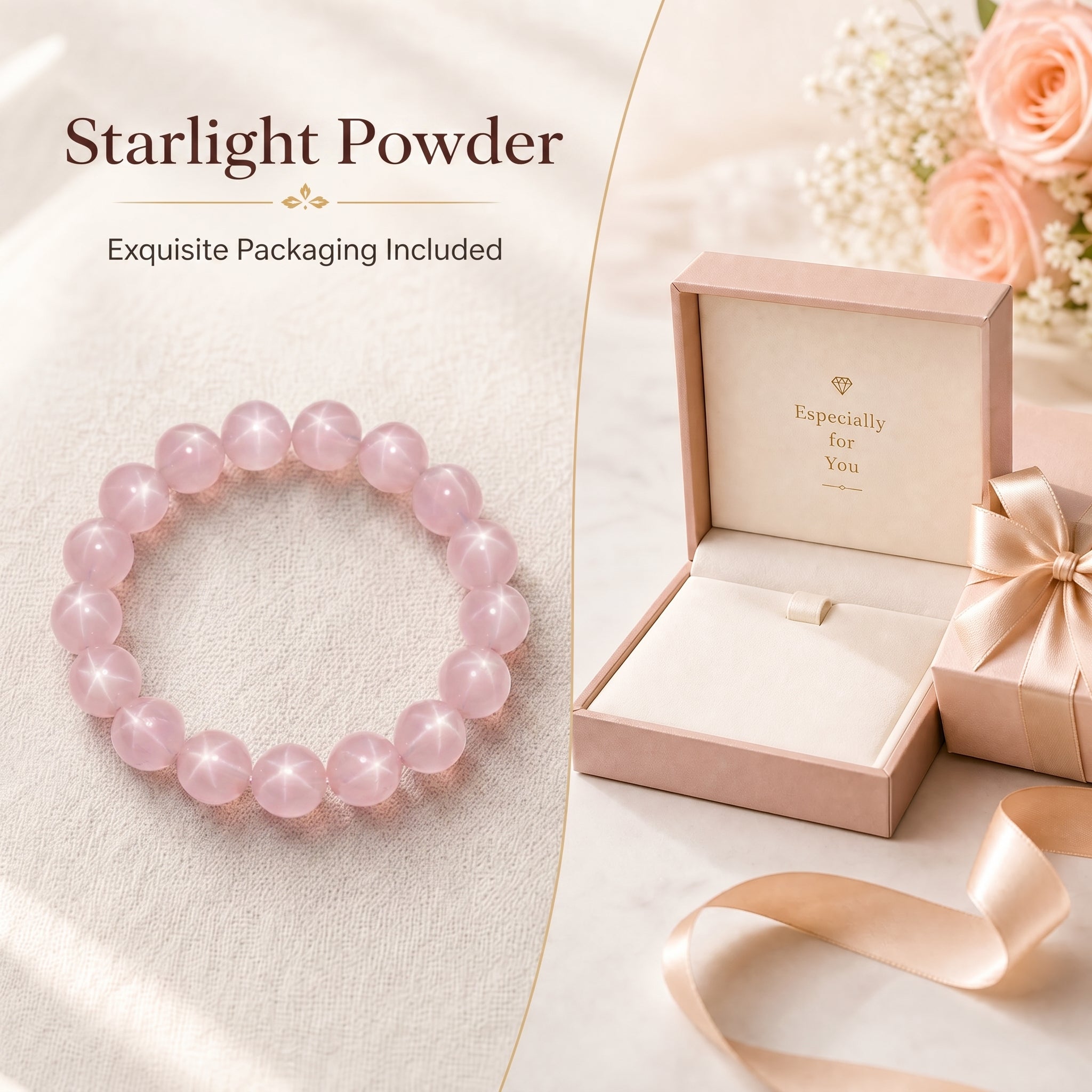 Premium Star Rose Quartz Beaded Bracelet | Hand-Polished Natural Gemstone Jewelry for Attraction & Inner Peace
