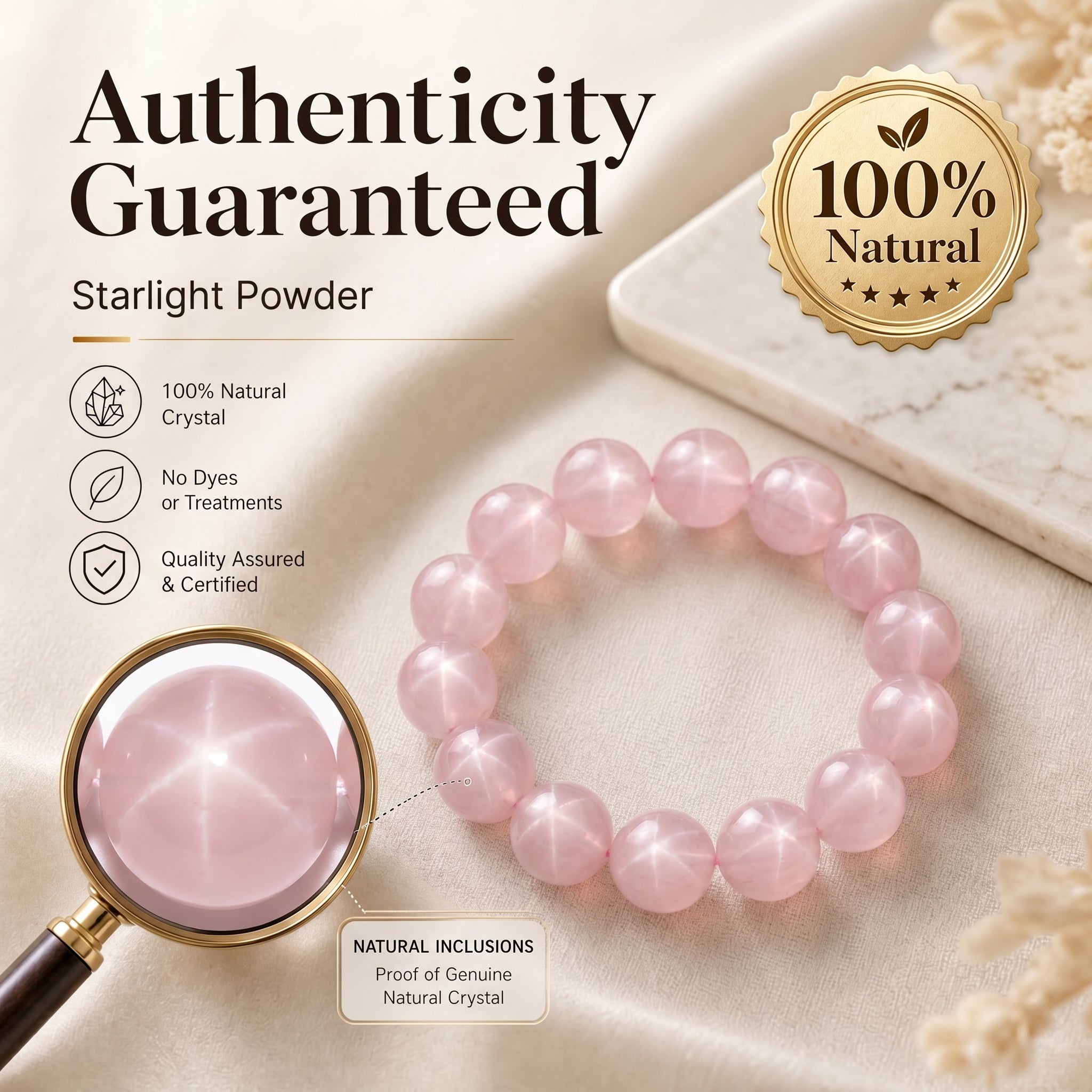 Premium Star Rose Quartz Beaded Bracelet | Hand-Polished Natural Gemstone Jewelry for Attraction & Inner Peace