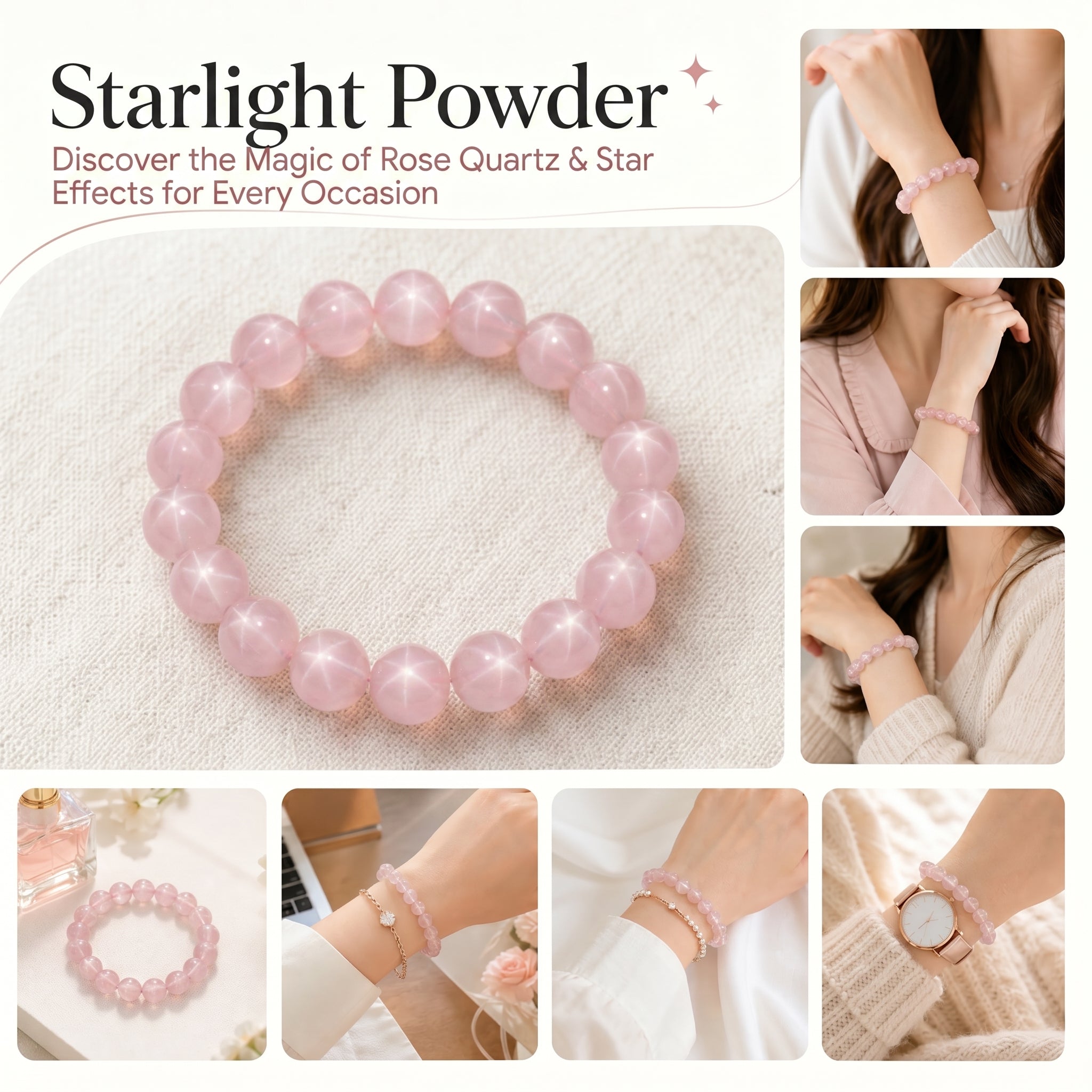 Premium Star Rose Quartz Beaded Bracelet | Hand-Polished Natural Gemstone Jewelry for Attraction & Inner Peace