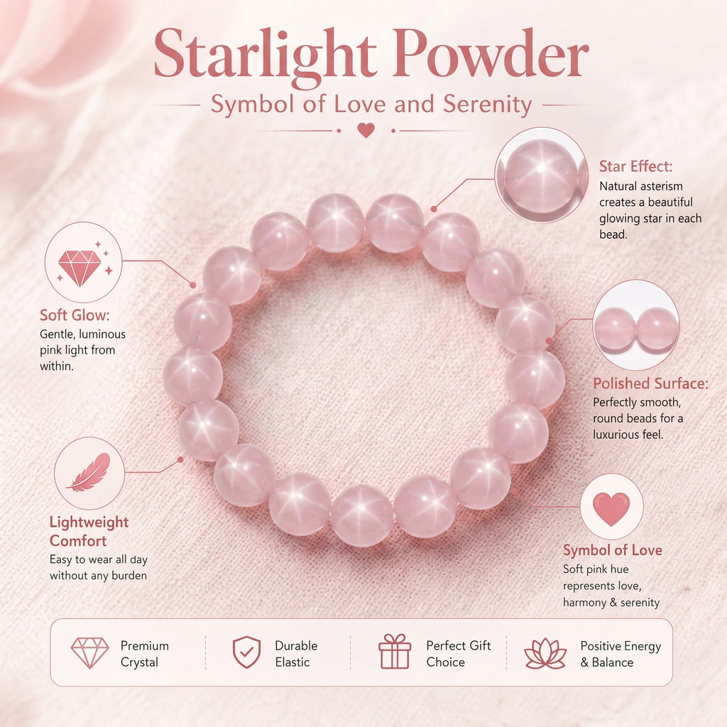 Premium Star Rose Quartz Beaded Bracelet | Hand-Polished Natural Gemstone Jewelry for Attraction & Inner Peace