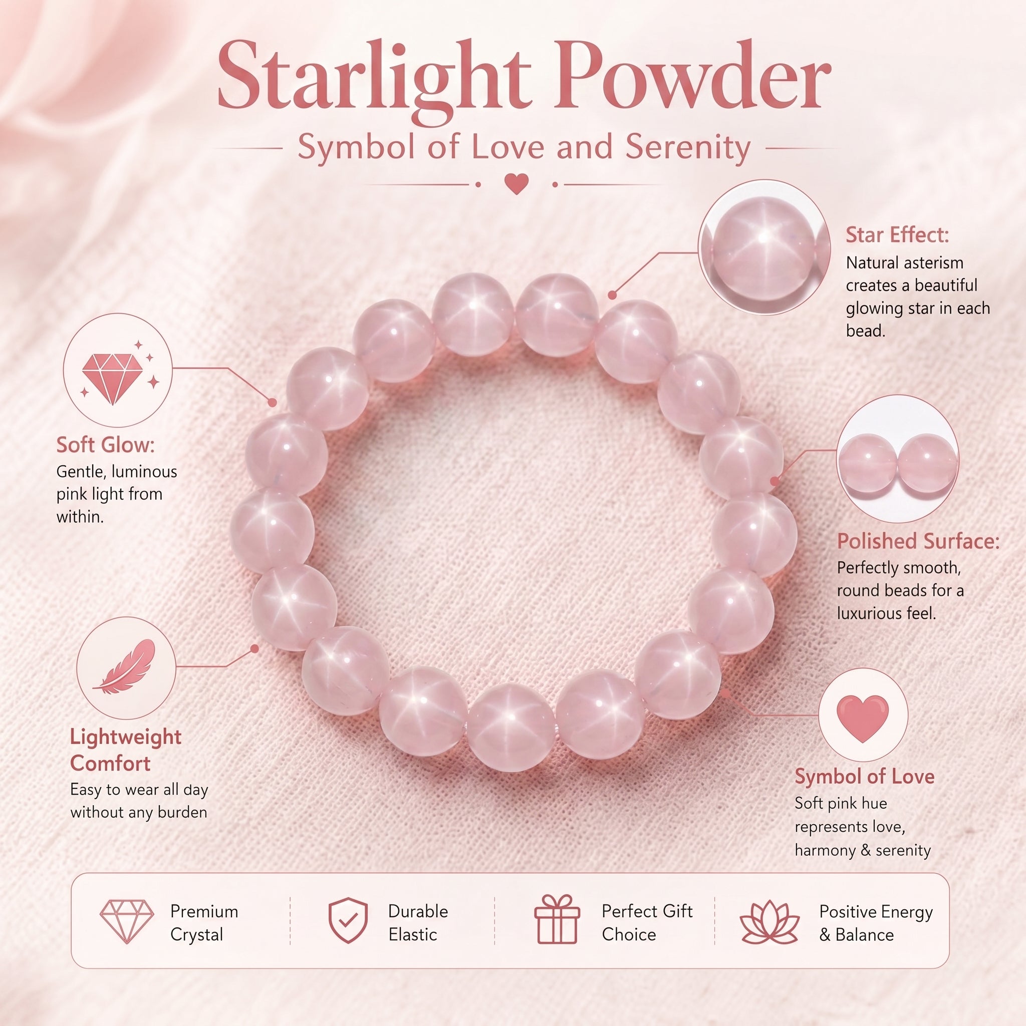 Premium Star Rose Quartz Beaded Bracelet | Hand-Polished Natural Gemstone Jewelry for Attraction & Inner Peace