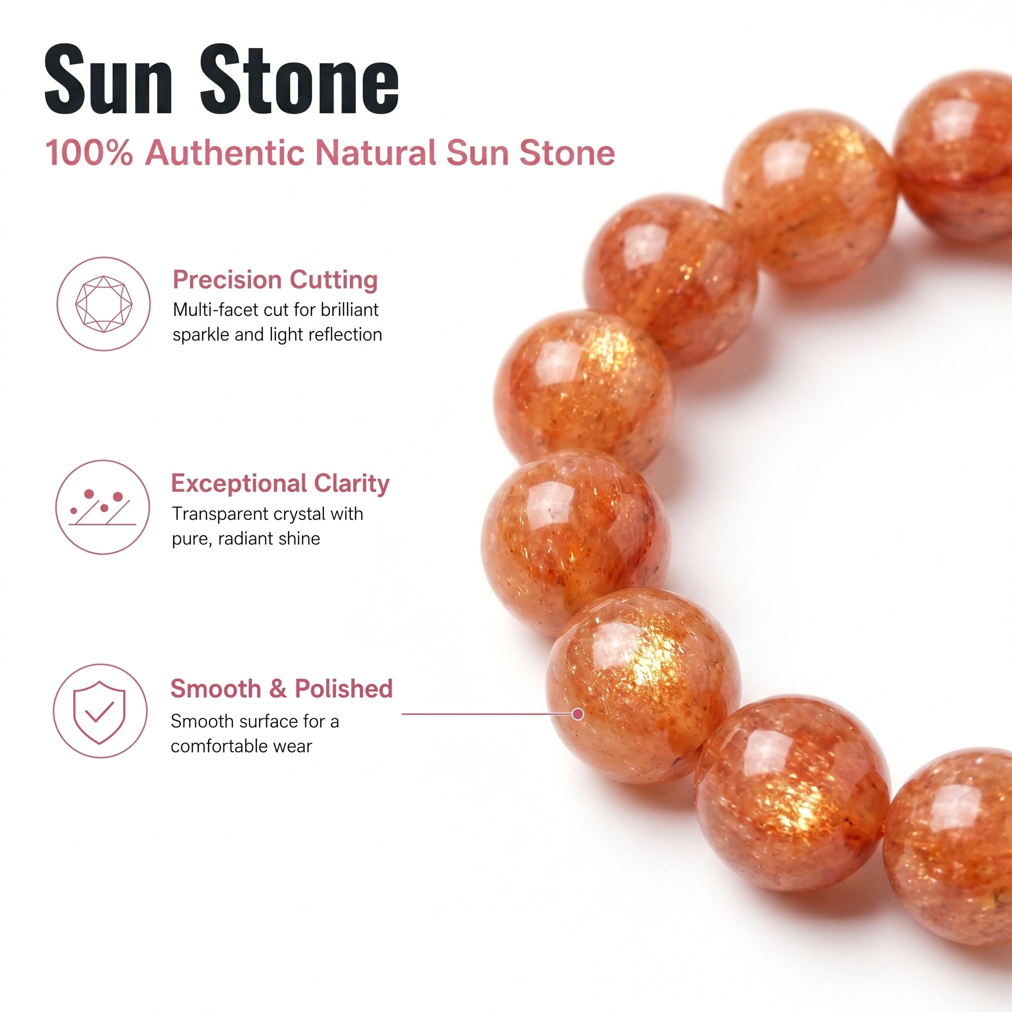 Premium Sunstone Beaded Bracelet | Hand-Polished Natural Gemstone Jewelry for Energy & Confidence