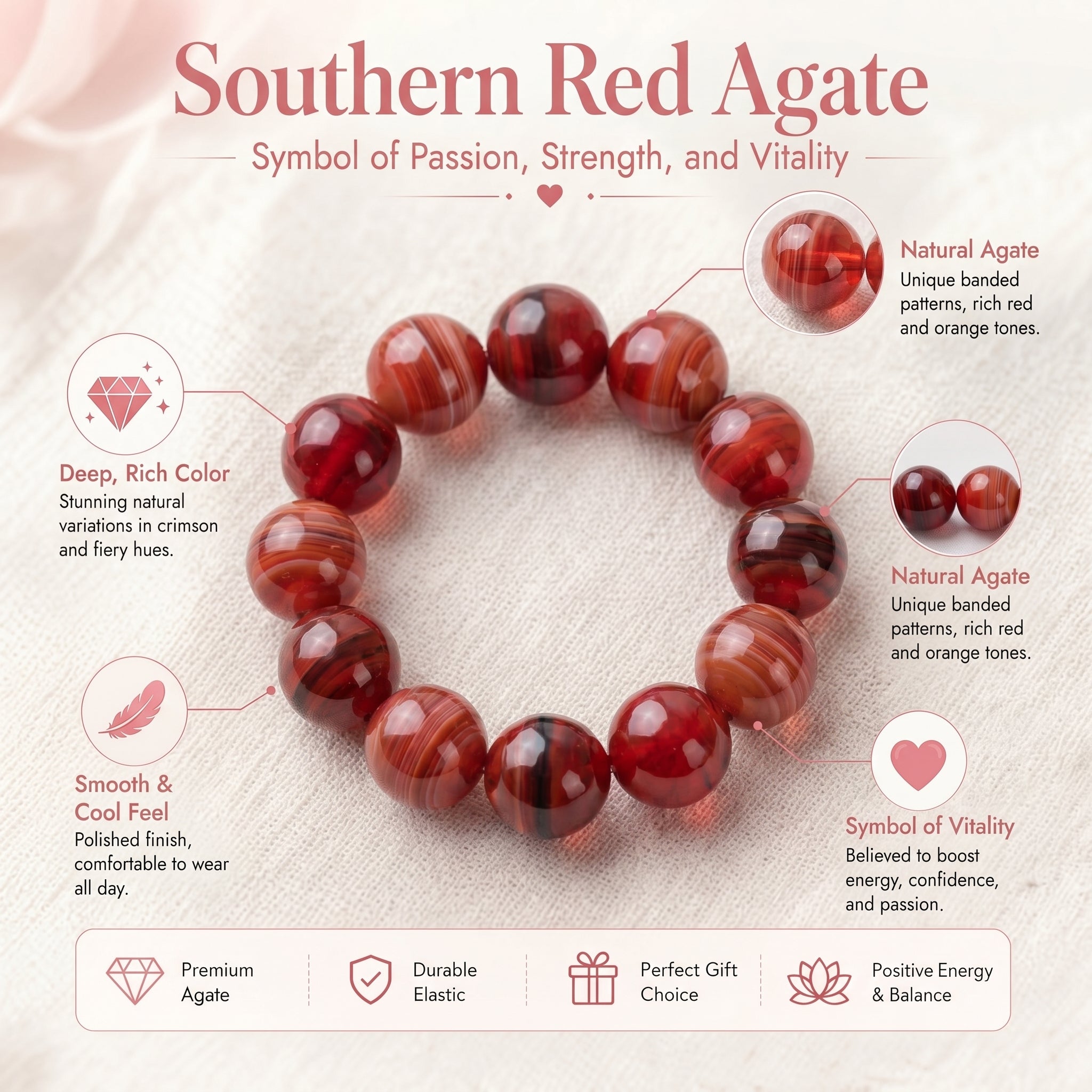 Premium Nanhong Agate Beaded Bracelet | Hand-Polished Natural Gemstone Jewelry for Elegance & Harmony