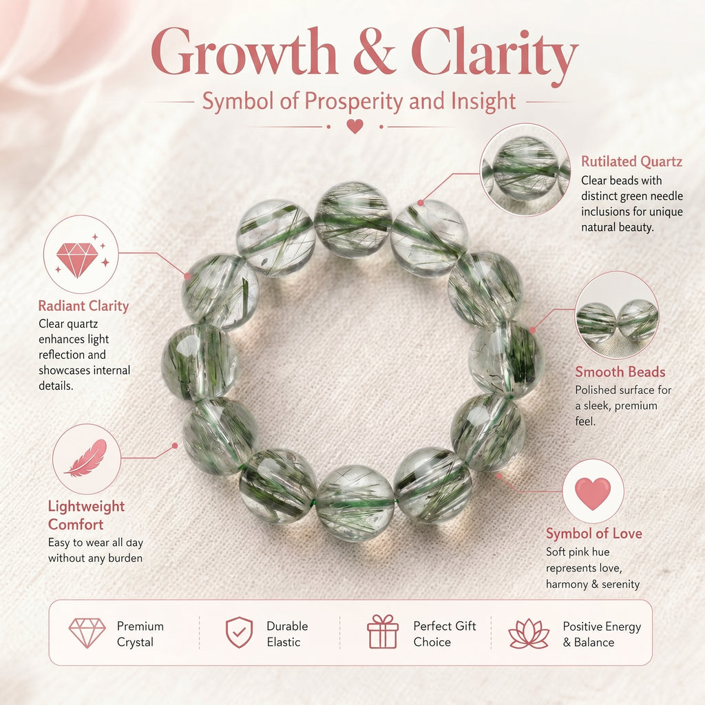 Premium Green Rutilated Quartz Beaded Bracelet | Hand-Polished Natural Gemstone Jewelry for Abundance