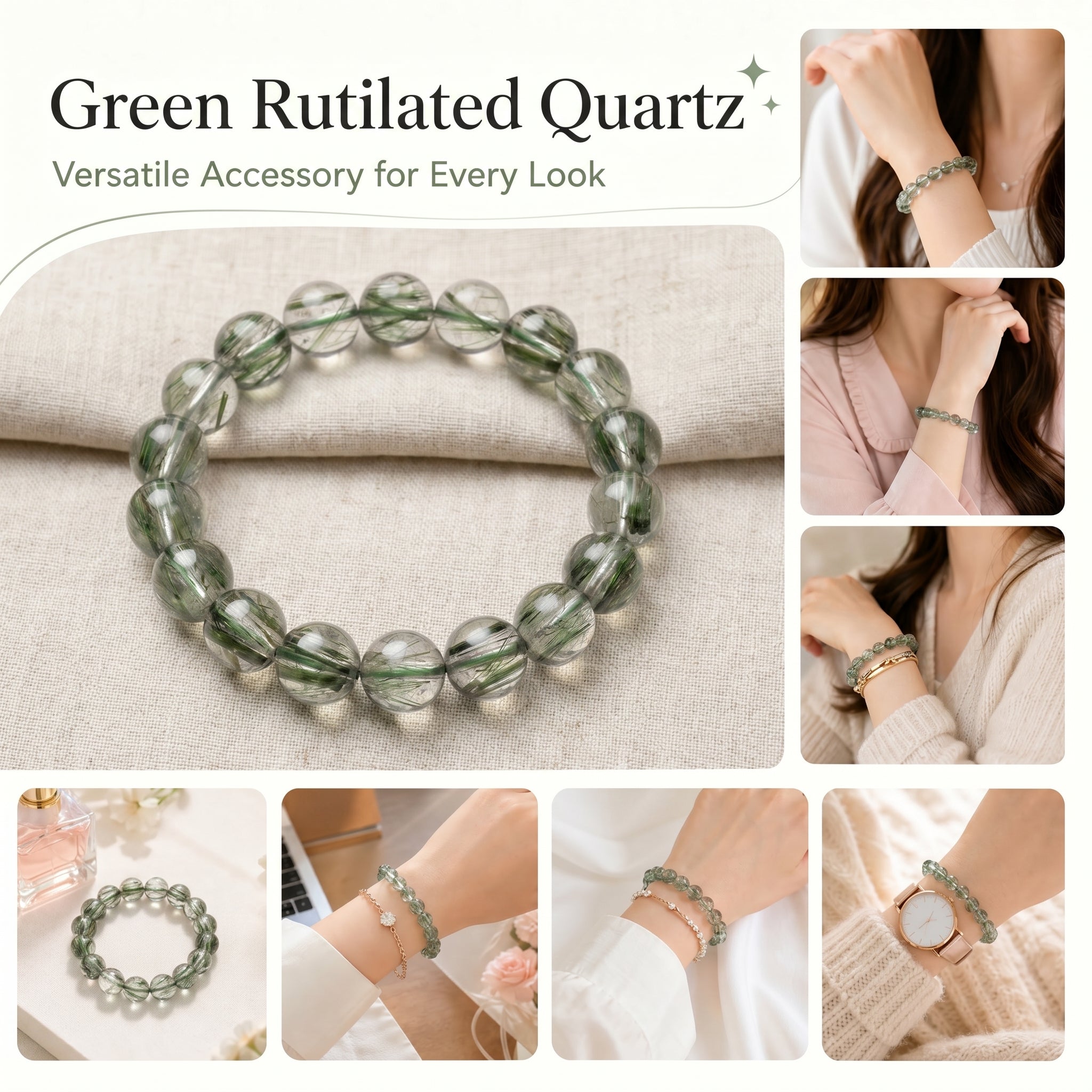 Premium Green Rutilated Quartz Beaded Bracelet | Hand-Polished Natural Gemstone Jewelry for Abundance