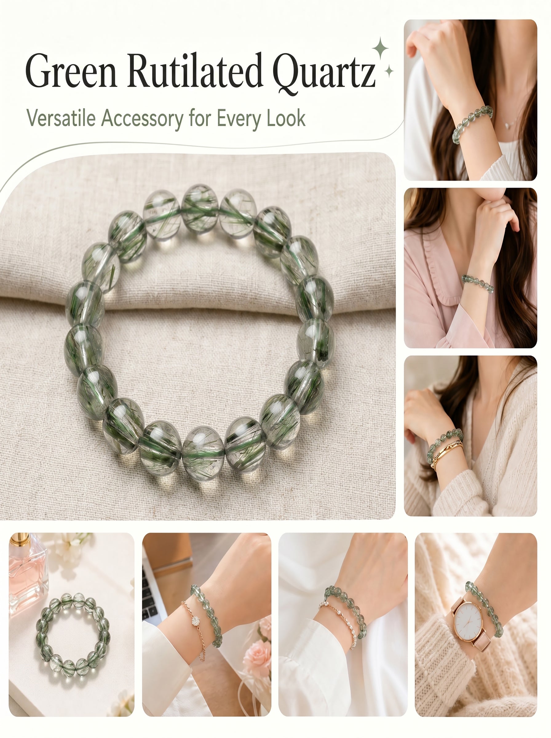 Premium Green Rutilated Quartz Beaded Bracelet | Hand-Polished Natural Gemstone Jewelry for Abundance